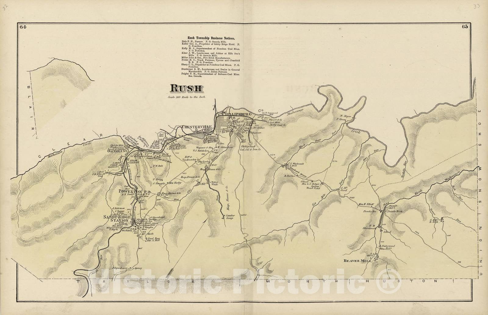 Historic 1874 Map - Atlas of Centre County, Pennsylvania - Rush