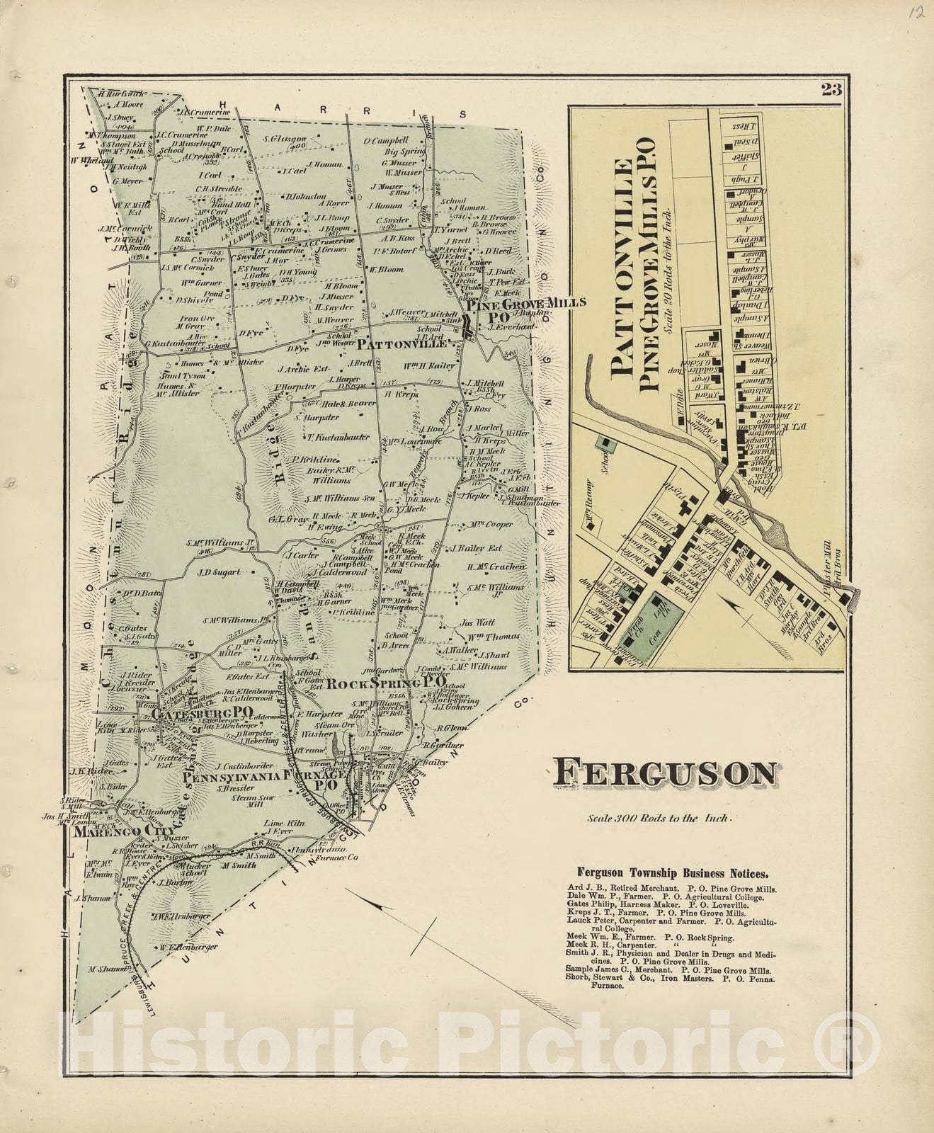 Historic 1874 Map - Atlas of Centre County, Pennsylvania - Ferguson; Pattonville