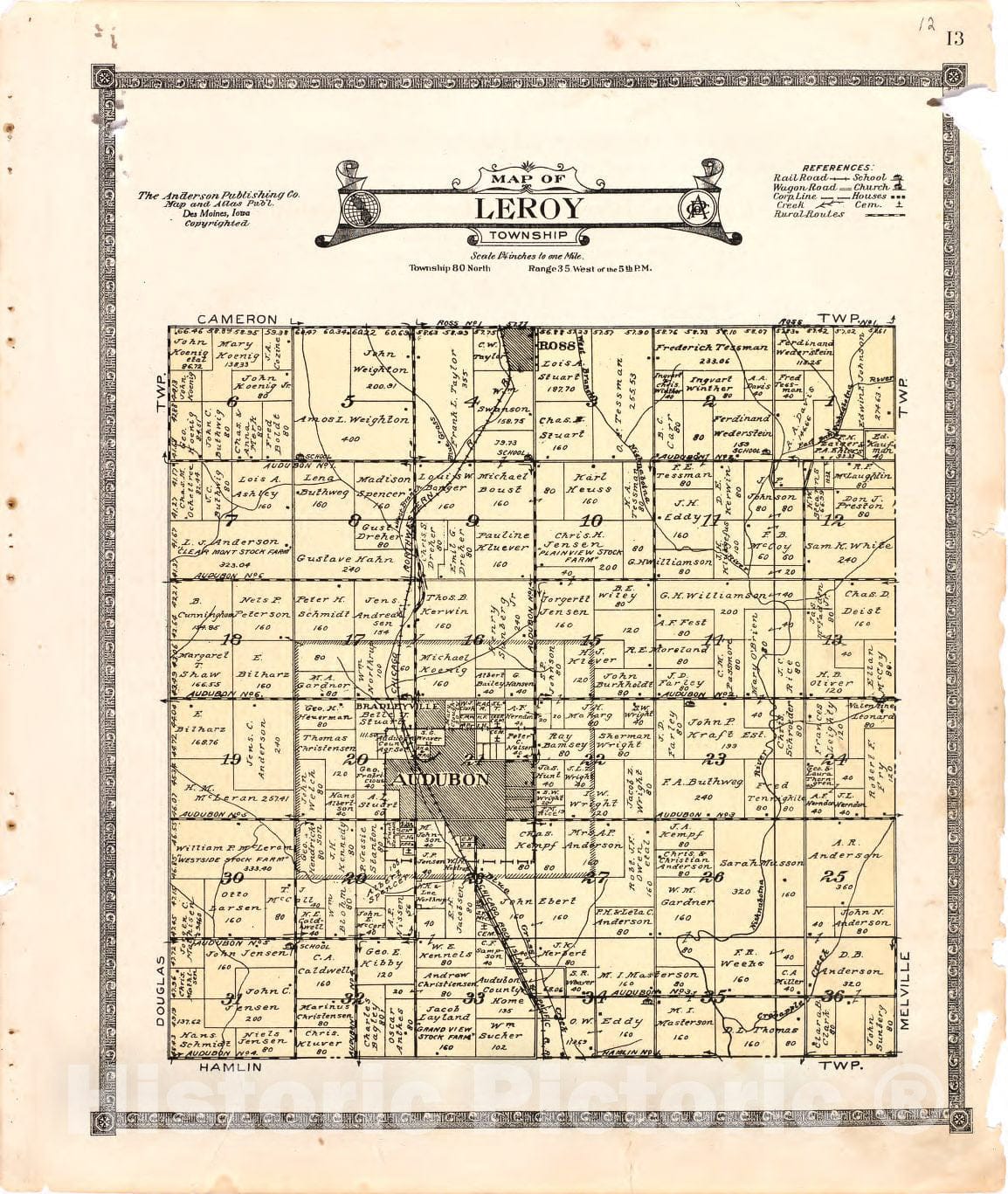 Historic 1921 Map - Atlas of Audubon County, Iowa - Map of Leroy Township