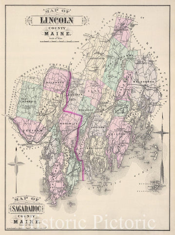Historic 1887 Map - Colby's Atlas of The State of Maine - Map of Lincoln County Maine; Map of Sagadahoc County Maine
