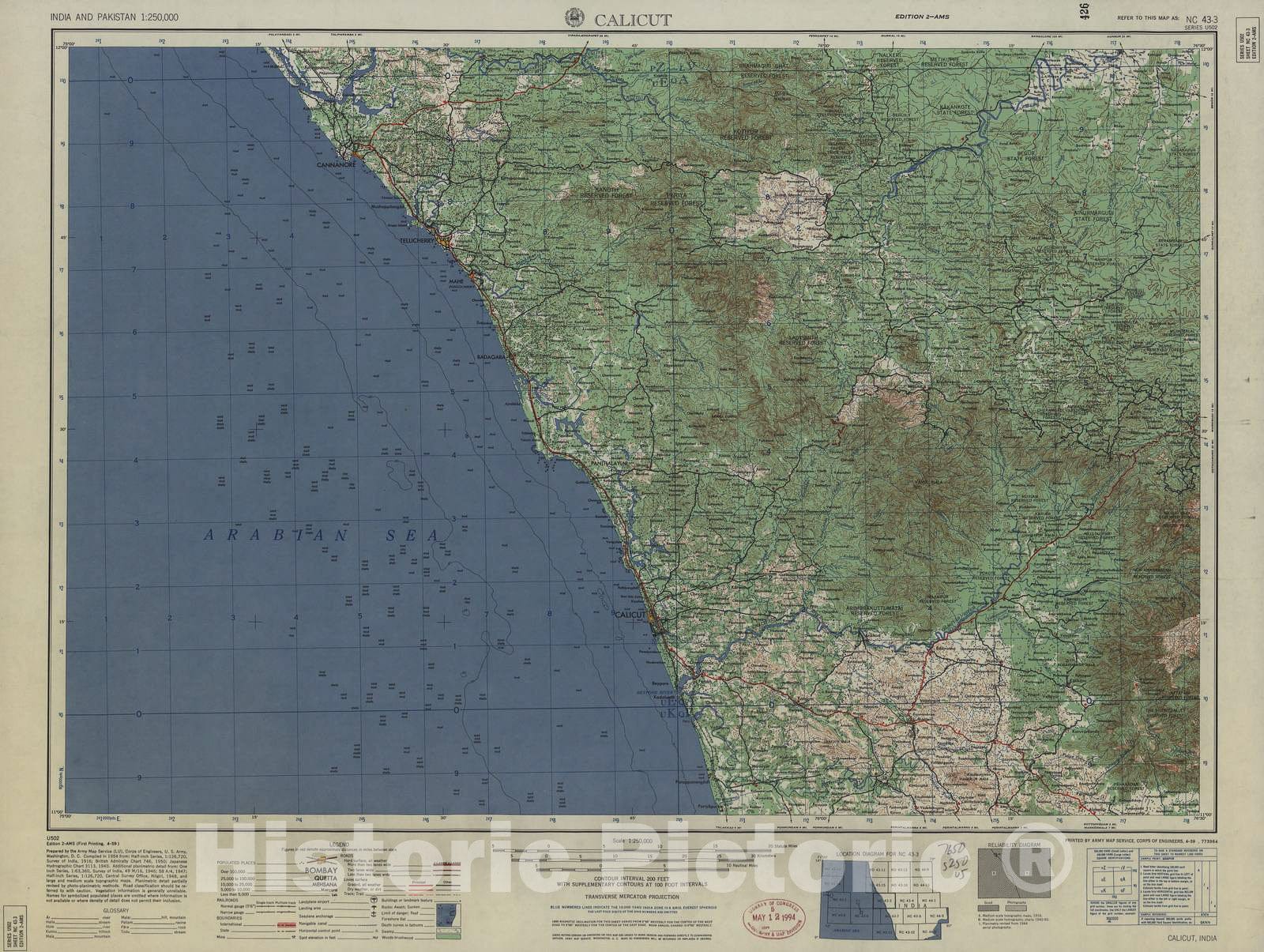 Historic 1955 Map - India and Pakistan 1:250,000. - Calicut, 1959