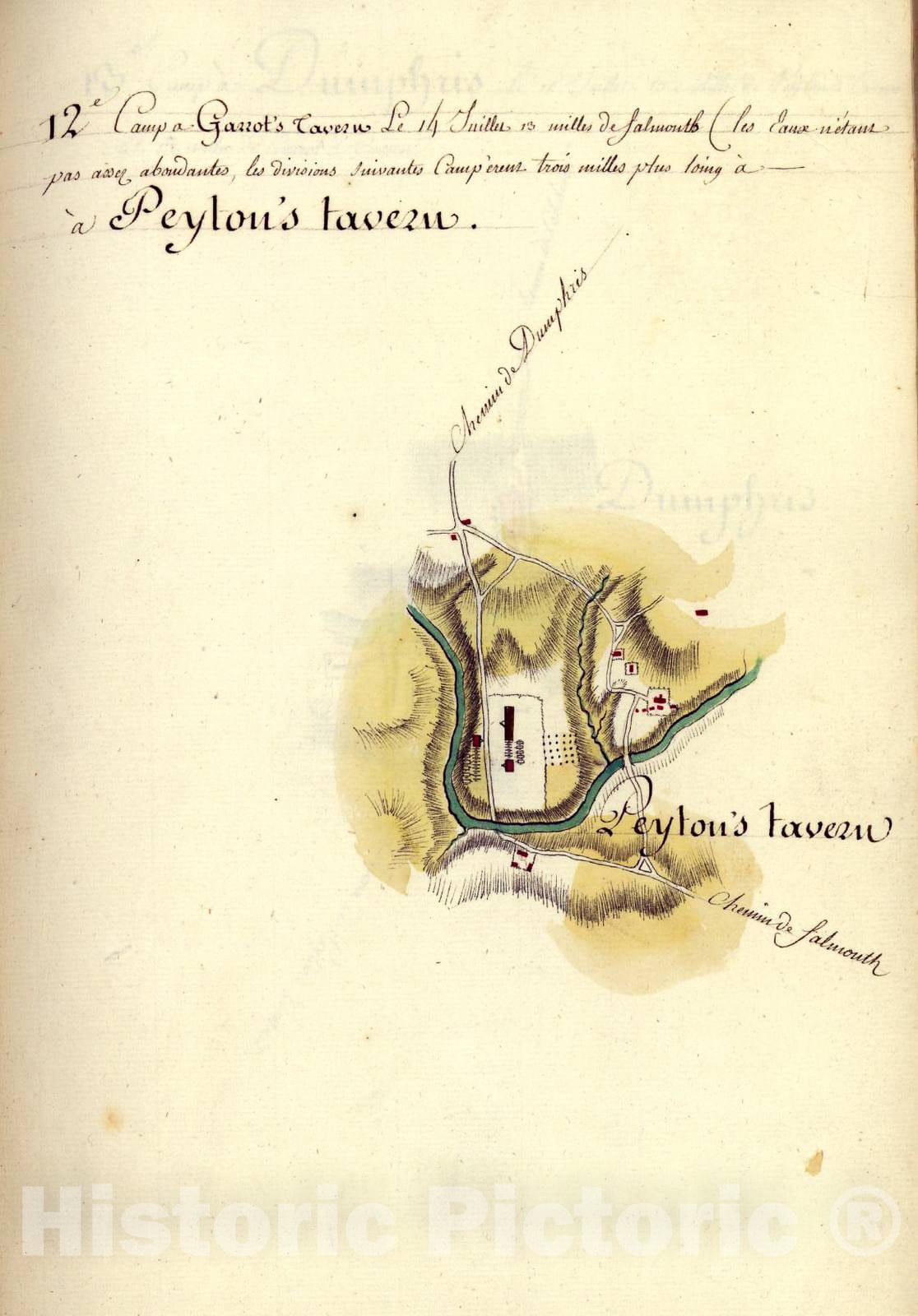 Historic 1782 Map - AmÃ©rique campagne. - Camp a Garrot's Tavern Peyton's Tavern
