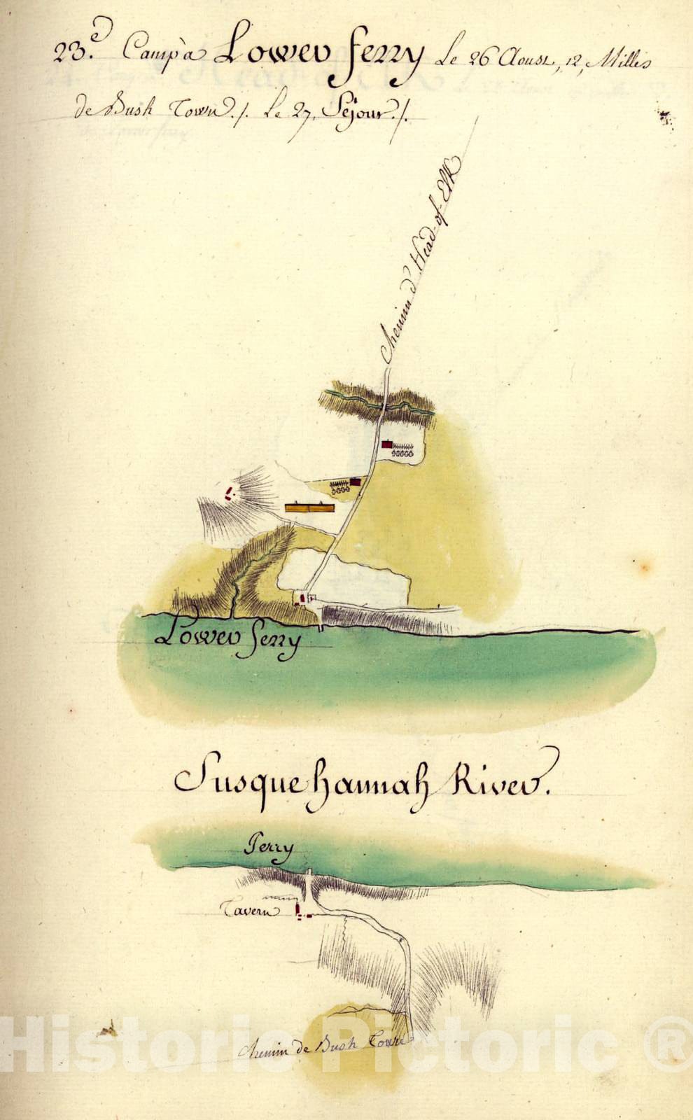 Historic 1782 Map - AmÃ©rique campagne. - Camp a Lower Ferry