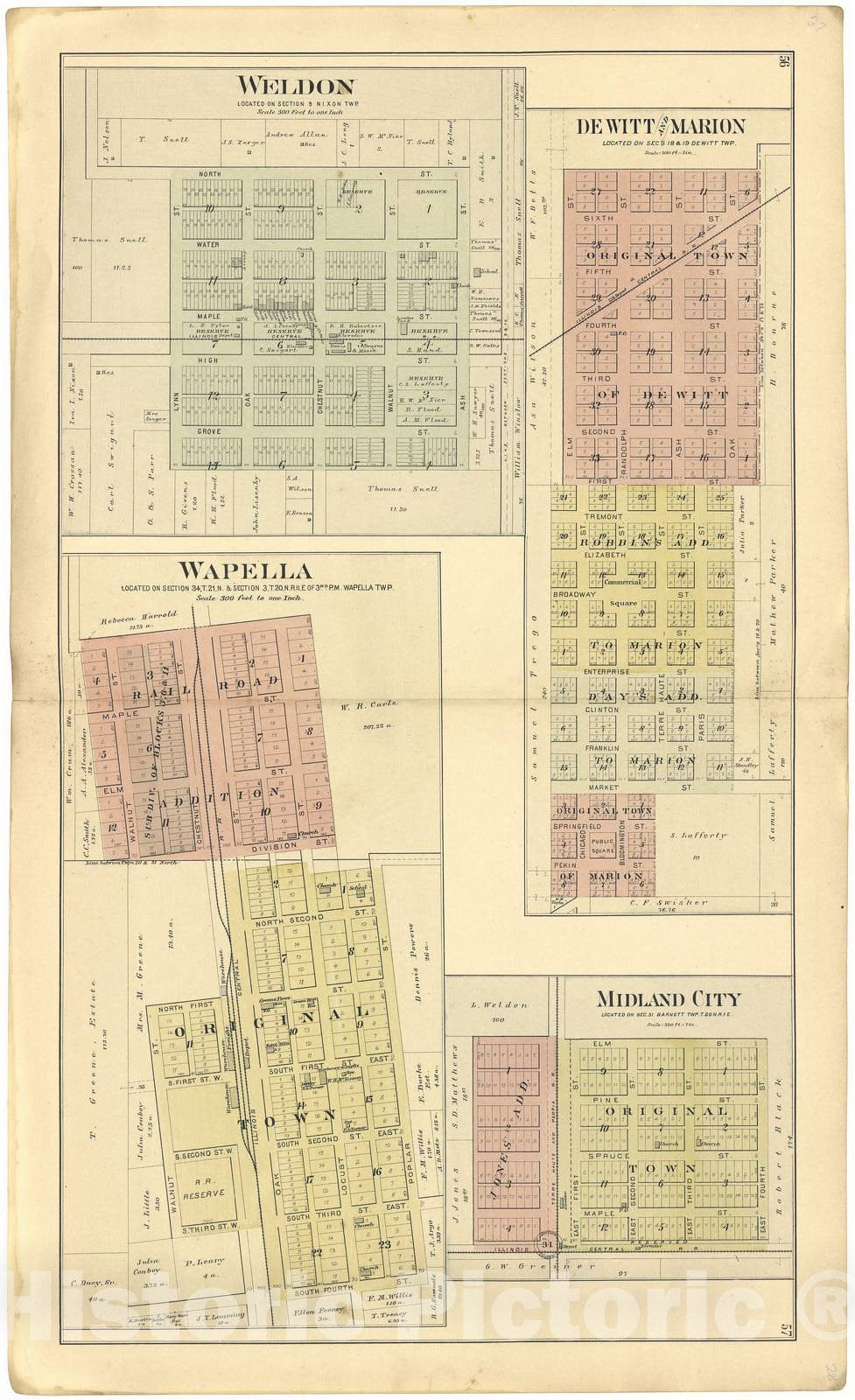 Historic 1894 Map - Plat Book of De WITT County, Illinois - Weldon; Dewitt and Marion; Wapella; Midland City