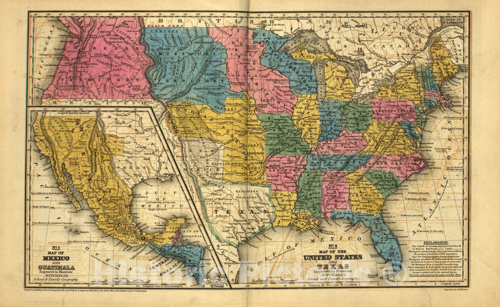 Historic 1839 Map - Mitchell's School Atlas. - United States and Mexico