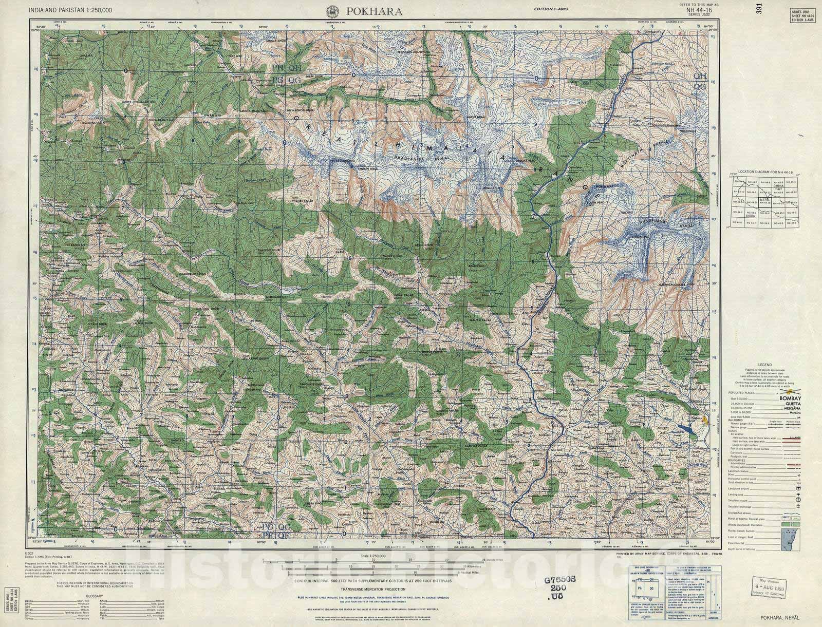Historic 1955 Map - India and Pakistan 1:250,000. - Pokhara, Nepal 1958