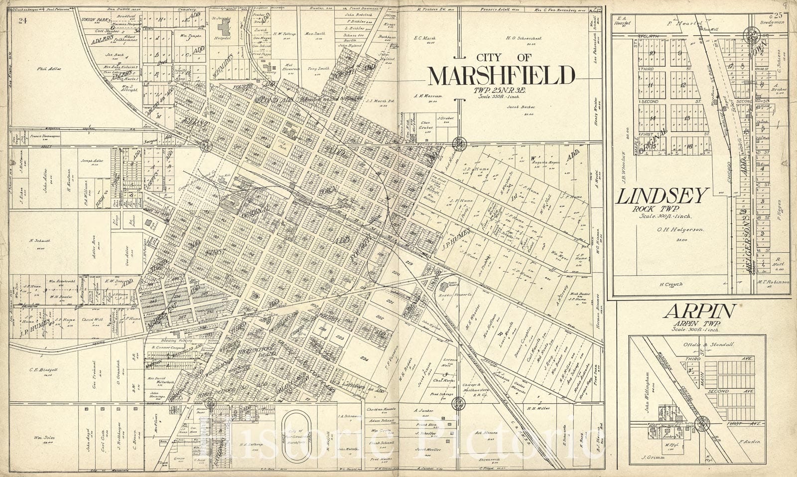 Historic 1909 Map - Standard Atlas of Wood County, Wisconsin - City of Marshfield; Lindsey; Arpin