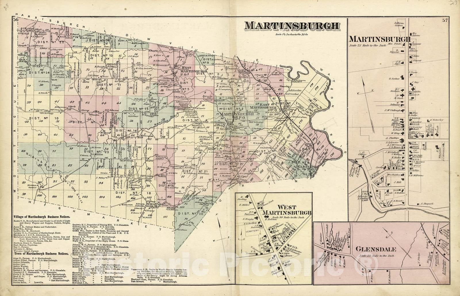 Historic 1875 Map - Atlas of Lewis Co, New York - Martinsburgh; Glensdale; West Martinsburgh - Atlas of Lewis County, New York