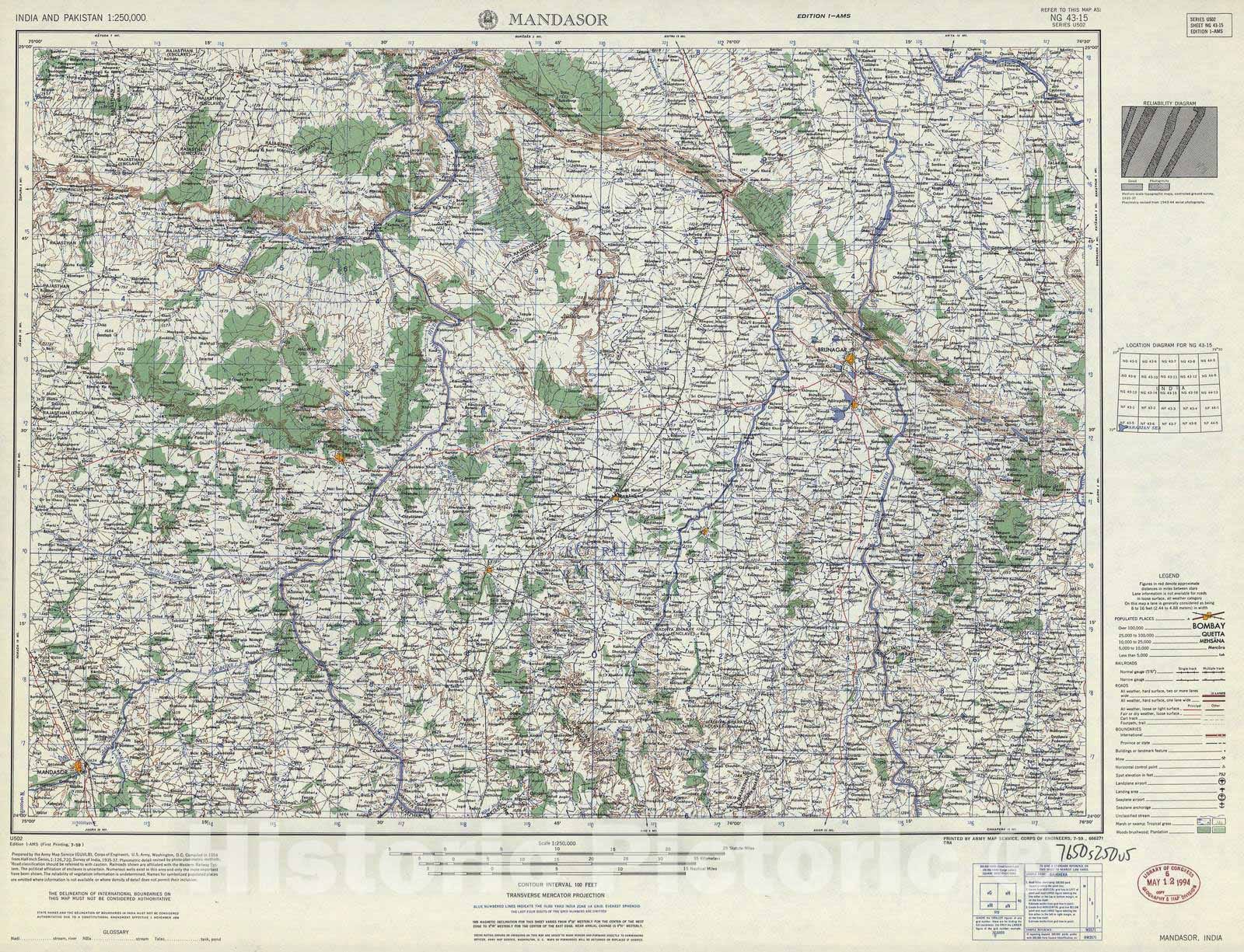 Historic 1955 Map - India and Pakistan 1:250,000. - Mandasor, India 1959
