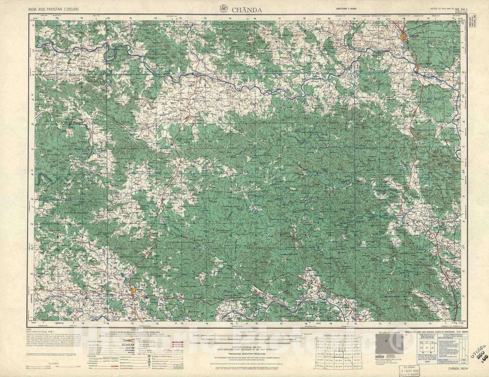 Historic 1955 Map - India and Pakistan 1:250,000. - Chanda, 1959