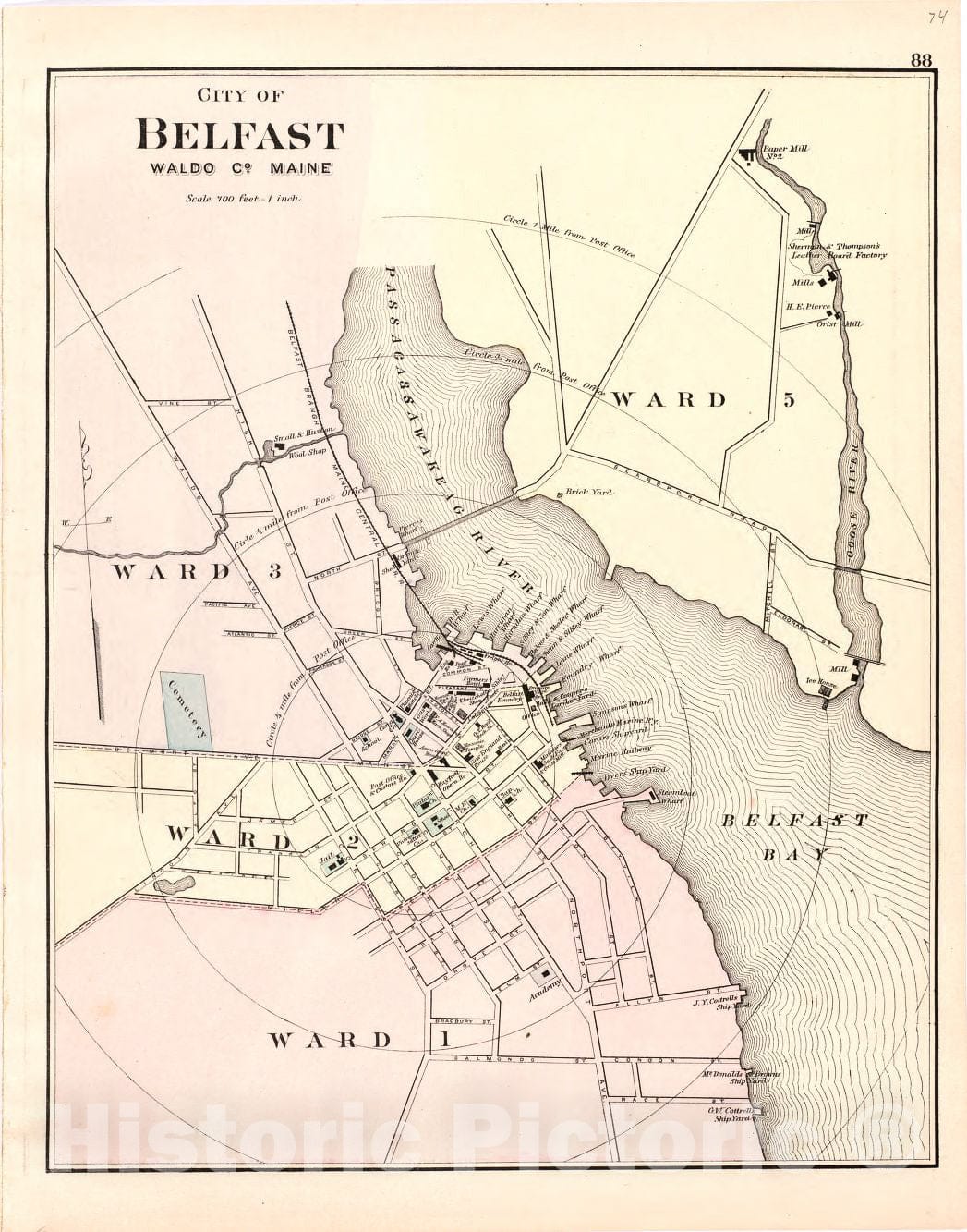 Historic 1887 Map - Colby's Atlas of The State of Maine - City of Belfast Waldo Co. Maine