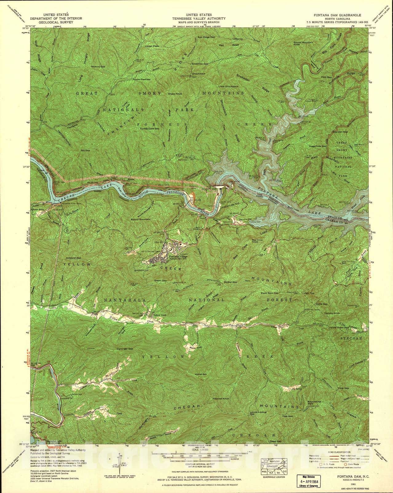Historic 1935 Map - North Carolina. - Scale 1:24,000 (1961) - Fontana Dam