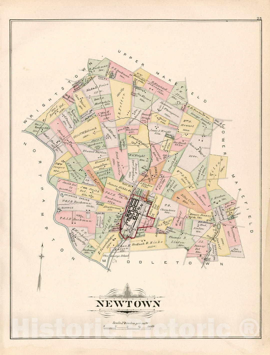 Historic 1891 Map - Atlas of Bucks Co, Penna. - Newtown - Atlas of Bucks County, Pennsylvania