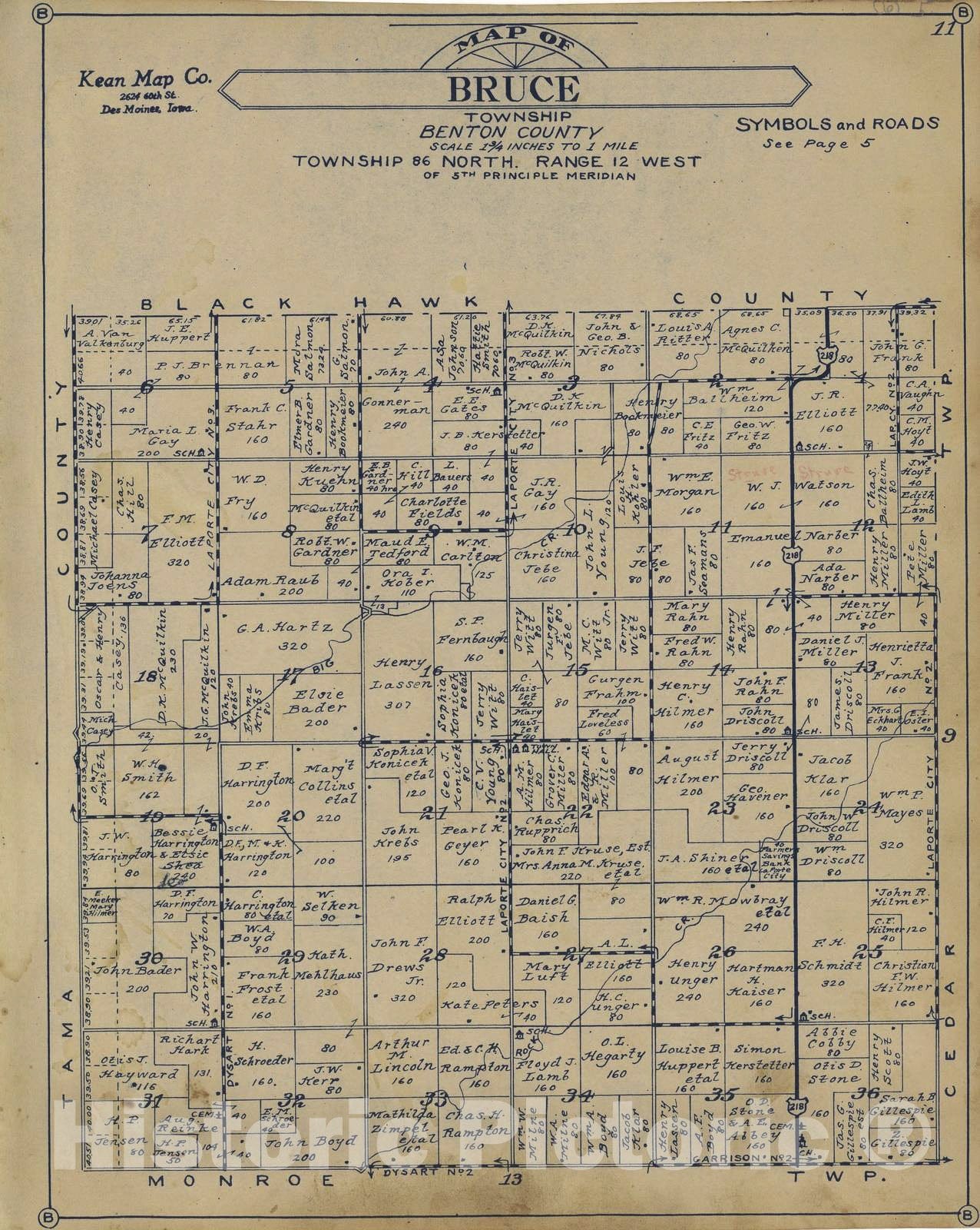 Historic 1930 Map - Atlas of Benton County, Iowa. - Bruce Township