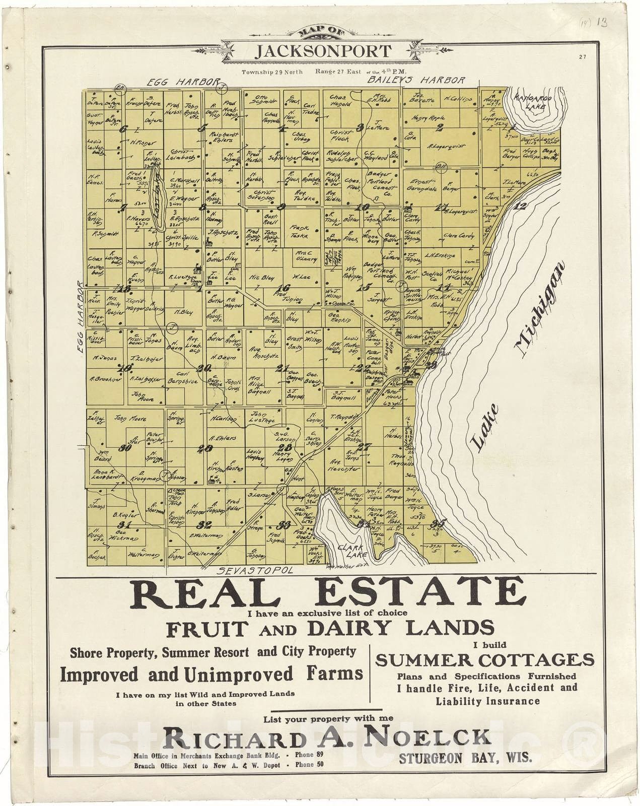 Historic 1914 Map - Atlas of Door County, Wisconsin - Map of Jacksonport