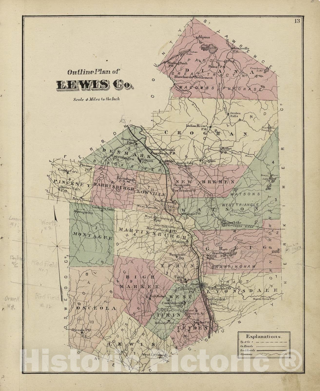 Historic 1875 Map - Atlas of Lewis Co, New York - Outline Plan of Lewes County - Atlas of Lewis County, New York