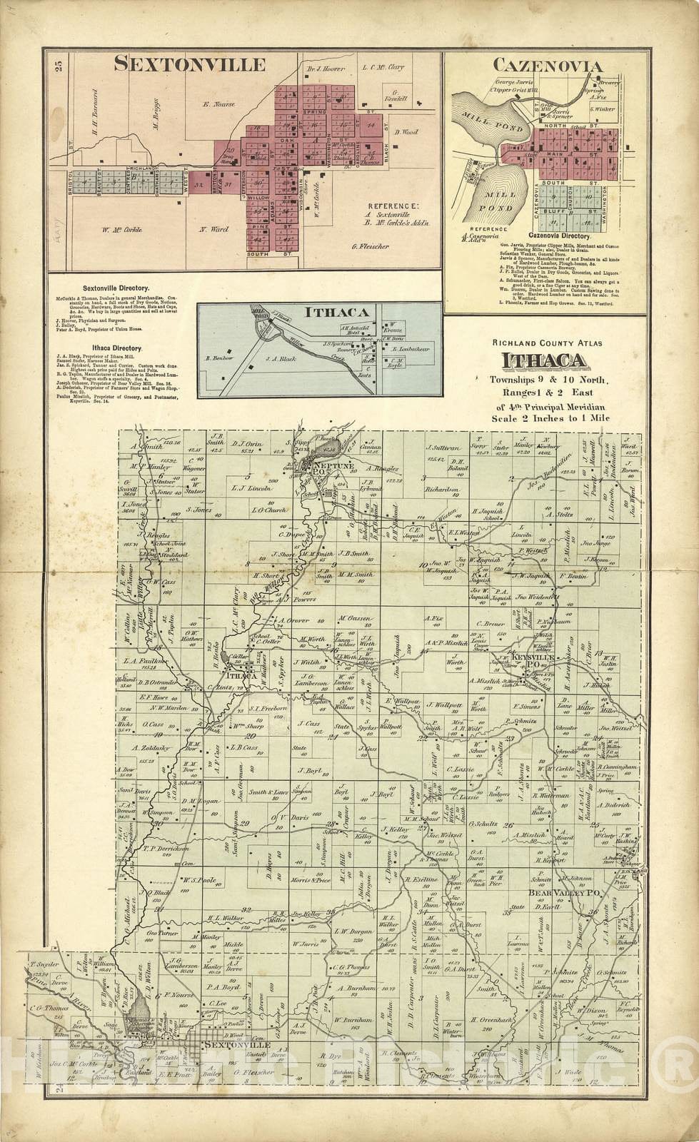 Historic 1874 Map - Atlas of Richland Co, Wisconsin - Maps of: Sextonville, Cazenovia and Ithaca - Atlas of Richland County, Wisconsin