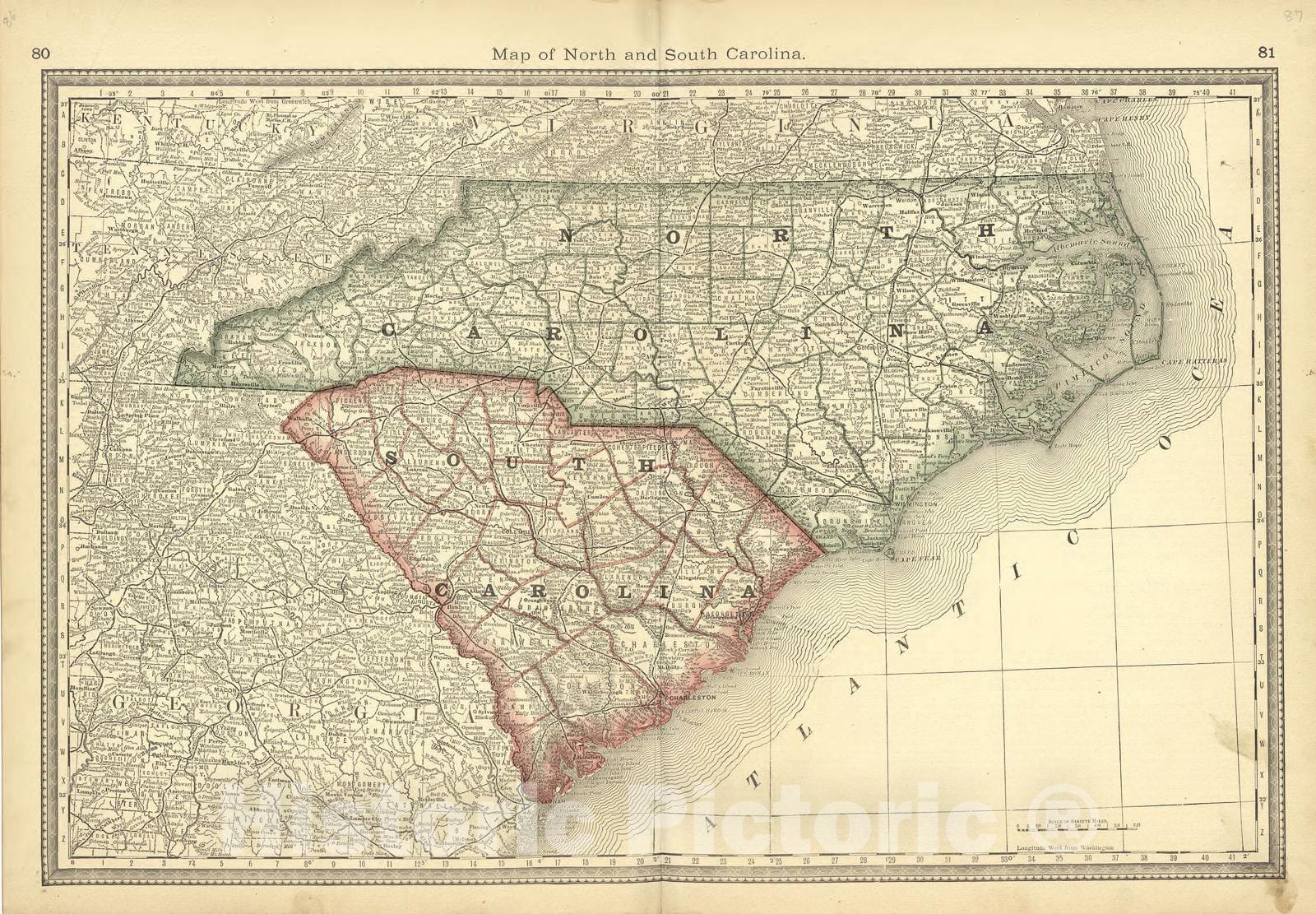 Historic 1881 Map - Historical Hand-Atlas, Illustrated - Map of North and South Carolina - Historical Hand Atlas, Illustrated, General & Local