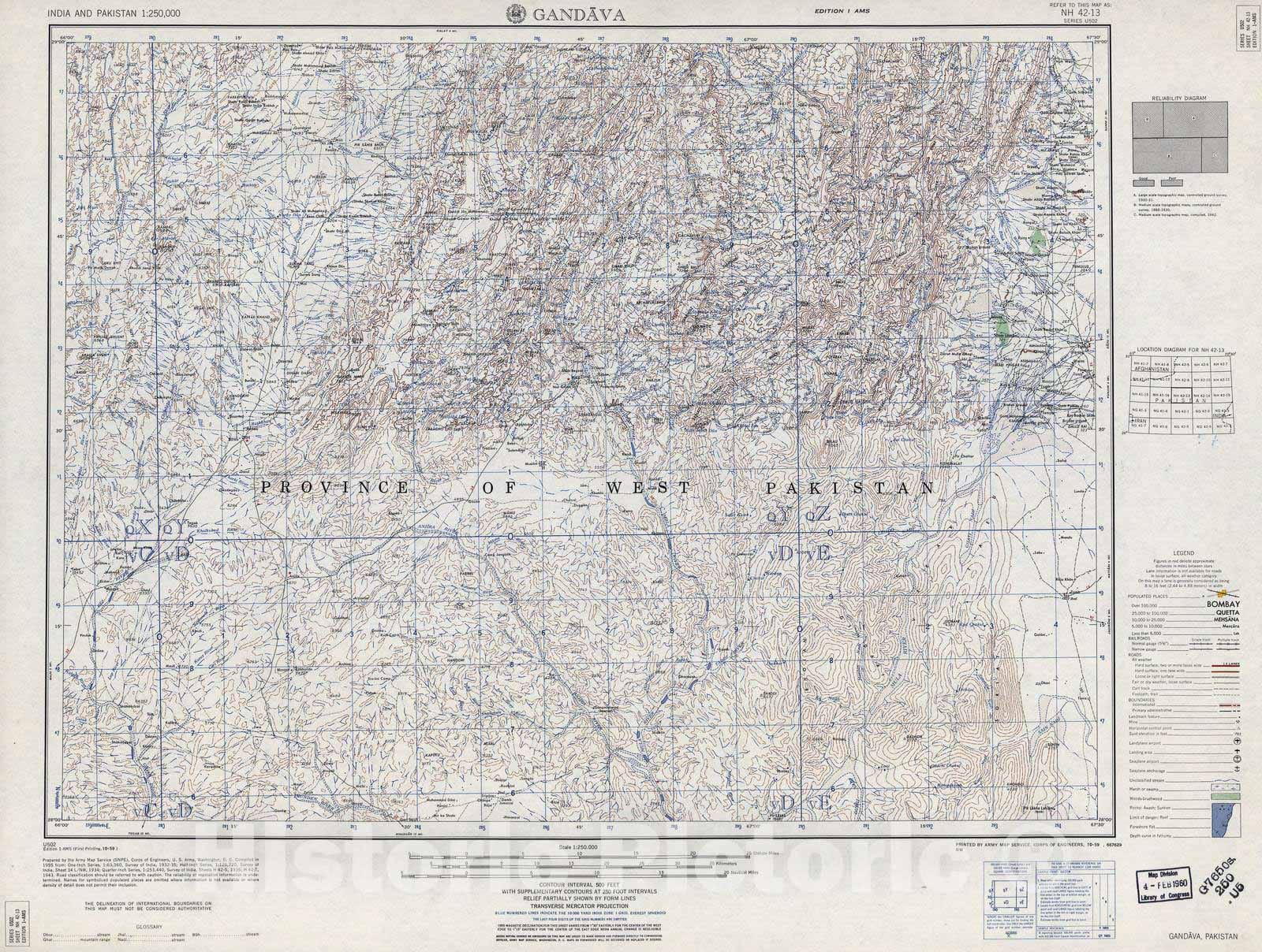 Historic 1955 Map - India and Pakistan 1:250,000. - Gandava, Paksiatn 1959