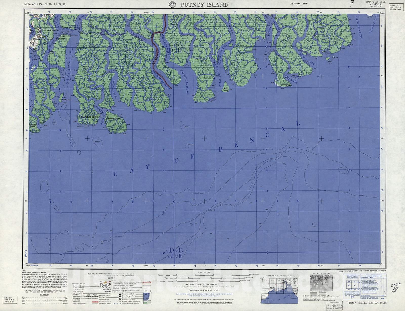 Historic 1955 Map - India and Pakistan 1:250,000. - Putney Island, 1959