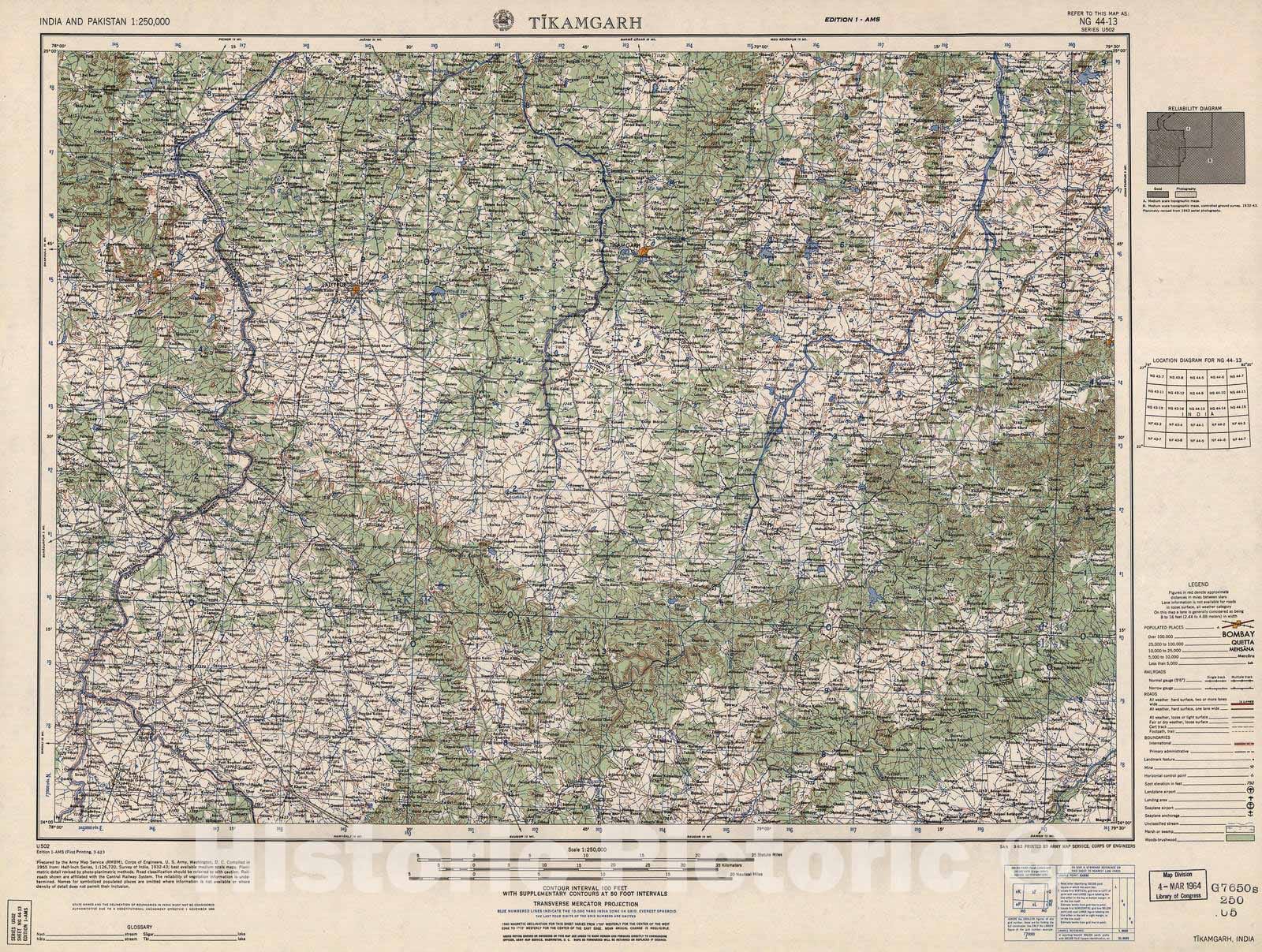 Historic 1955 Map - India and Pakistan 1:250,000. - Tikamgarh, India 1962