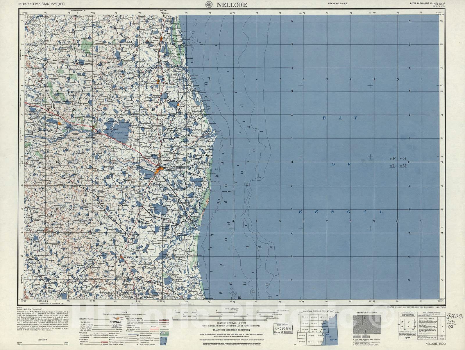 Historic 1955 Map - India and Pakistan 1:250,000. - Nellore, 1957