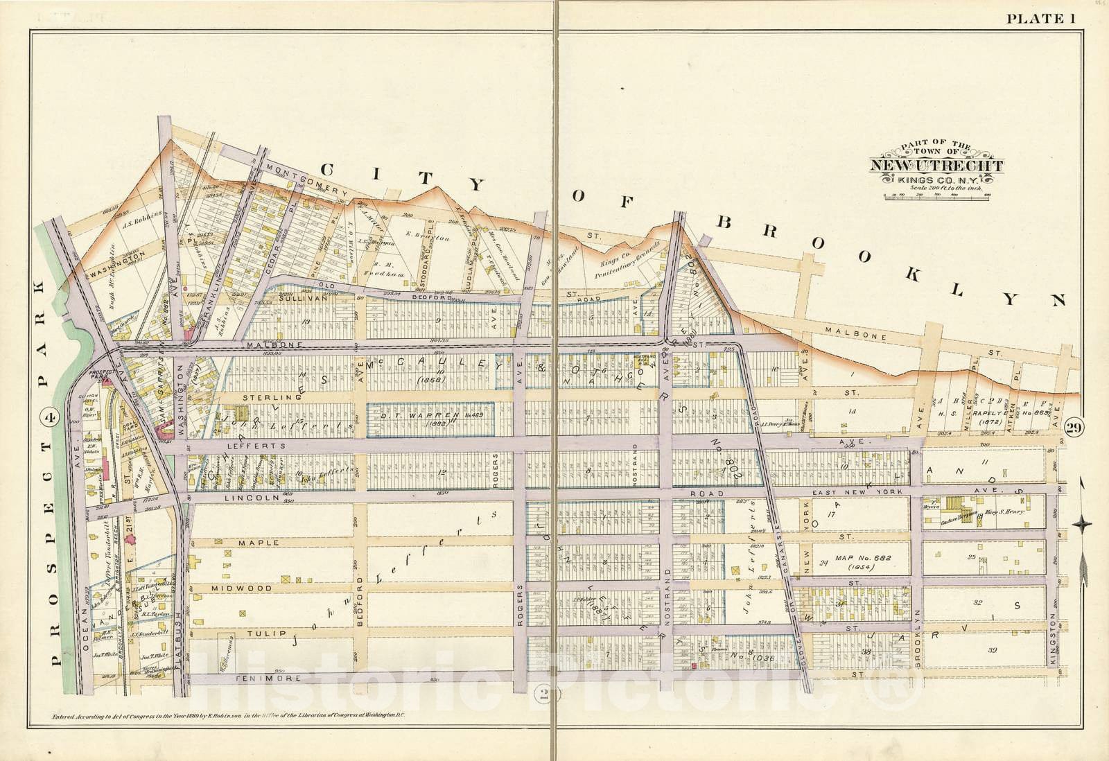 Historic 1890 Map - Robinson's Atlas of Kings County, New York - Plate 1 - Part of The Town of New Utrecht Kings Co, N.Y.
