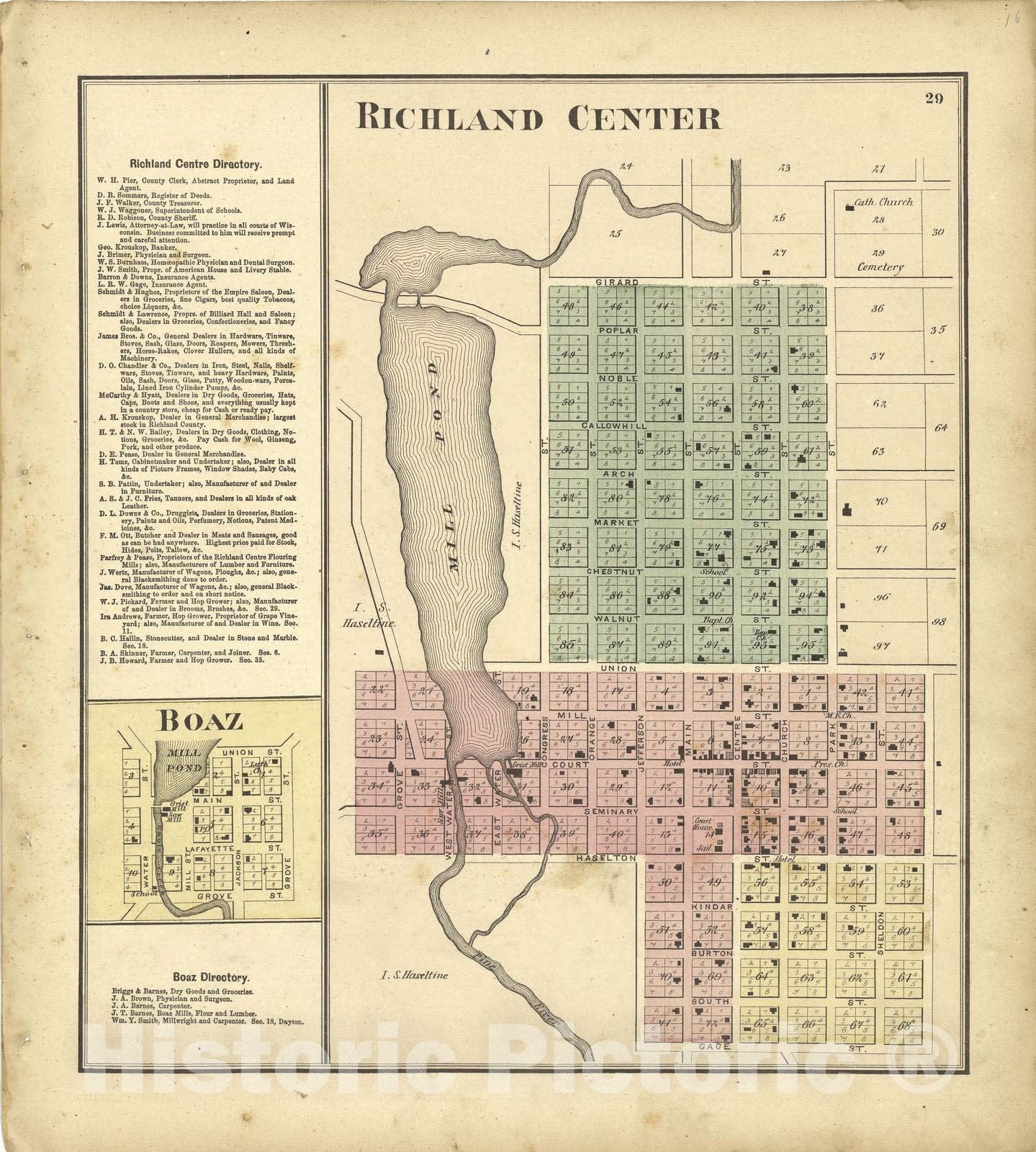Historic 1874 Map - Atlas of Richland Co, Wisconsin - Maps of: Richland Center, with Directory, and Boaz - Atlas of Richland County, Wisconsin