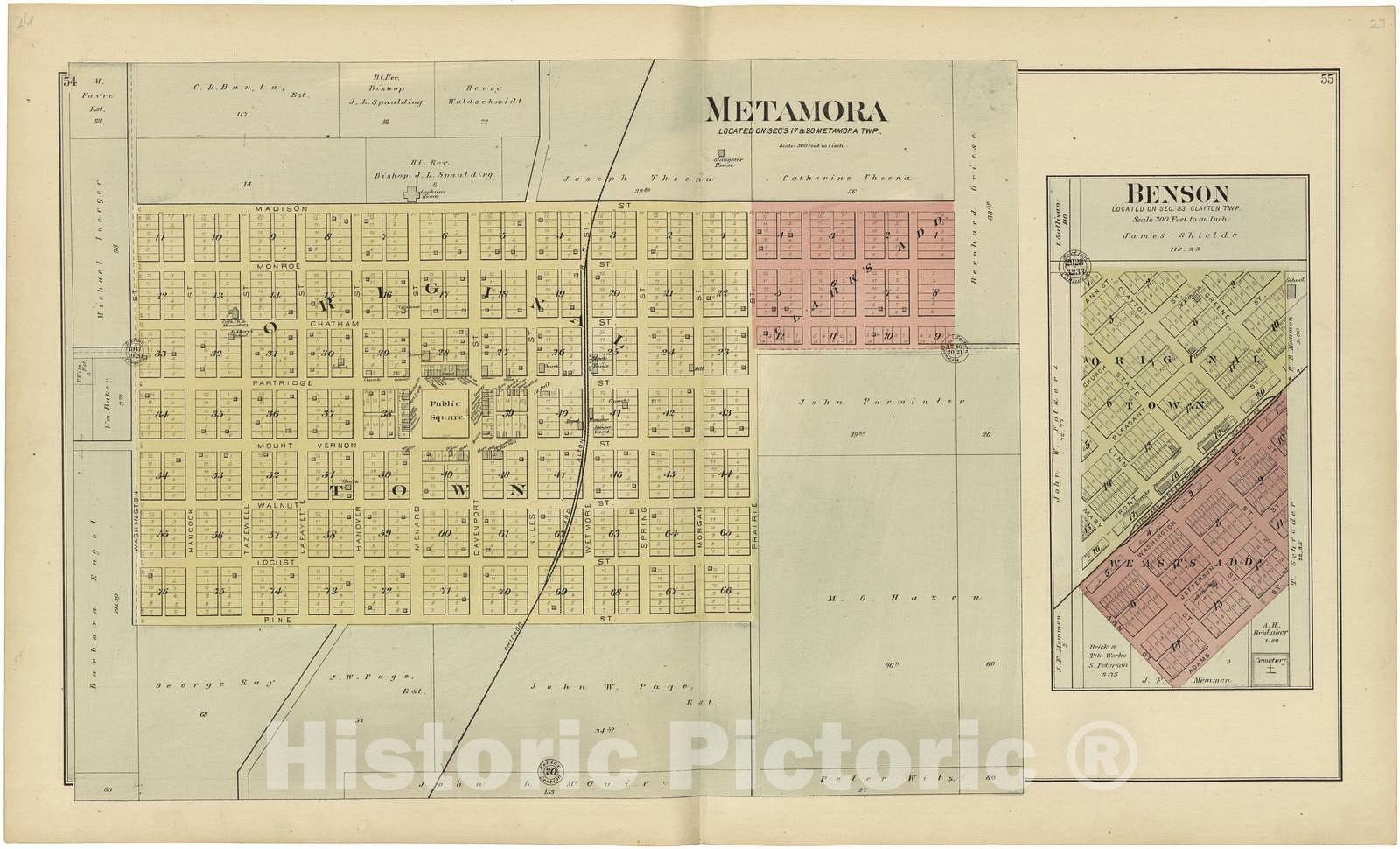 Historic 1893 Map - Plat Book of Woodford County, Illinois - Metamora - Historic Pictoric