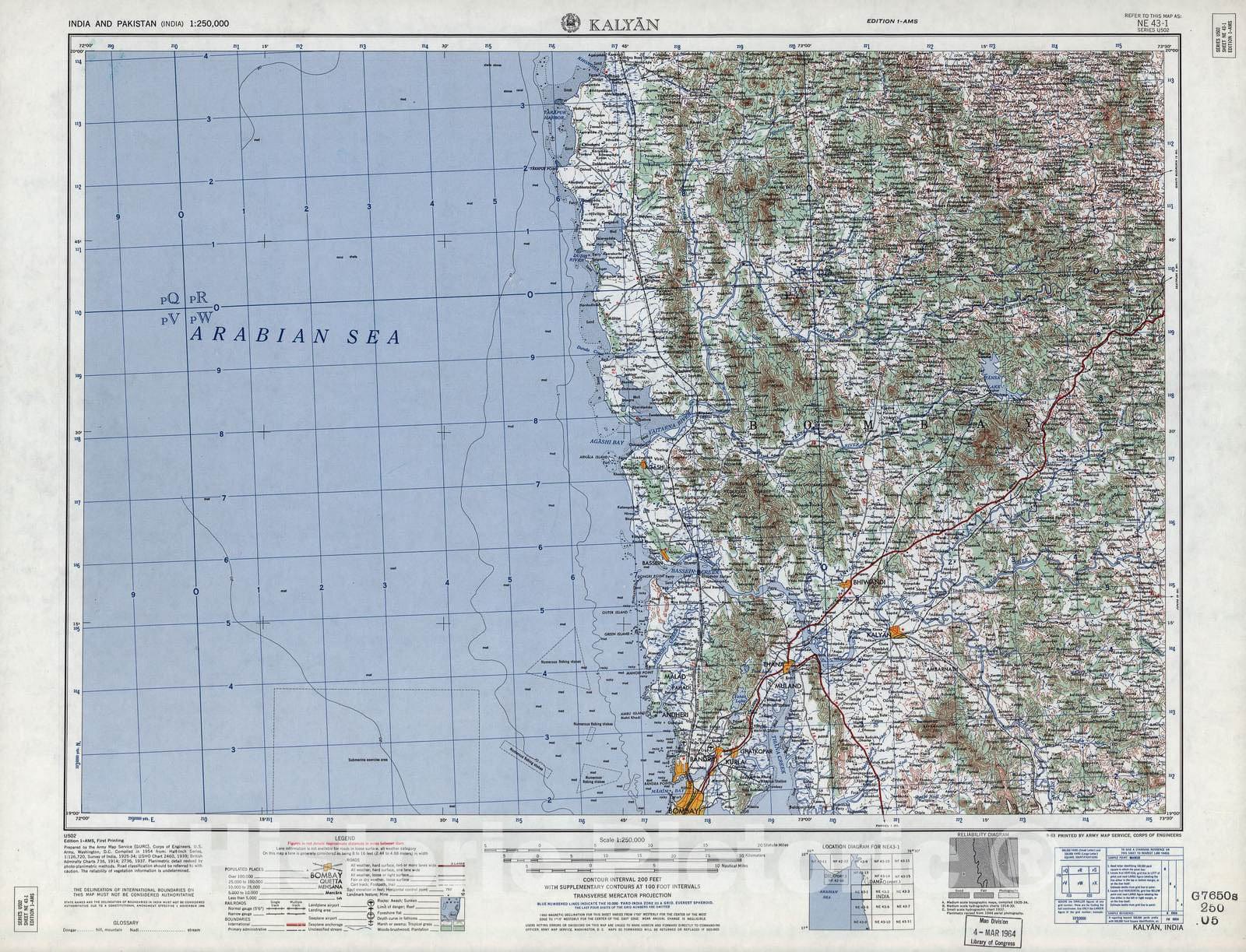 Historic 1955 Map - India and Pakistan 1:250,000. - Kalyan, 1963