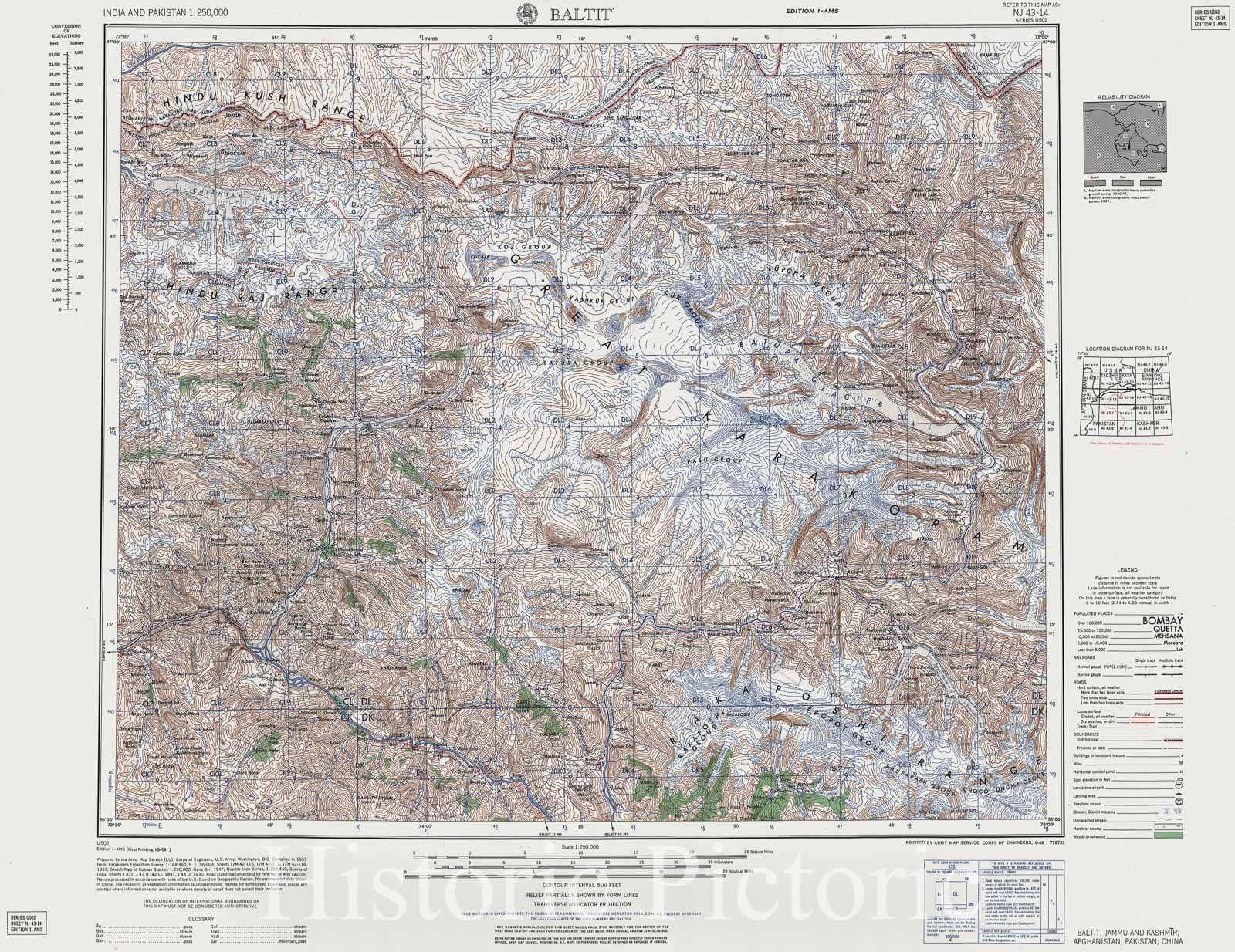 Historic 1955 Map - India and Pakistan 1:250,000. - Baltit, Jammu and Kashmir, Afghanistan, Pakistan, China 1958