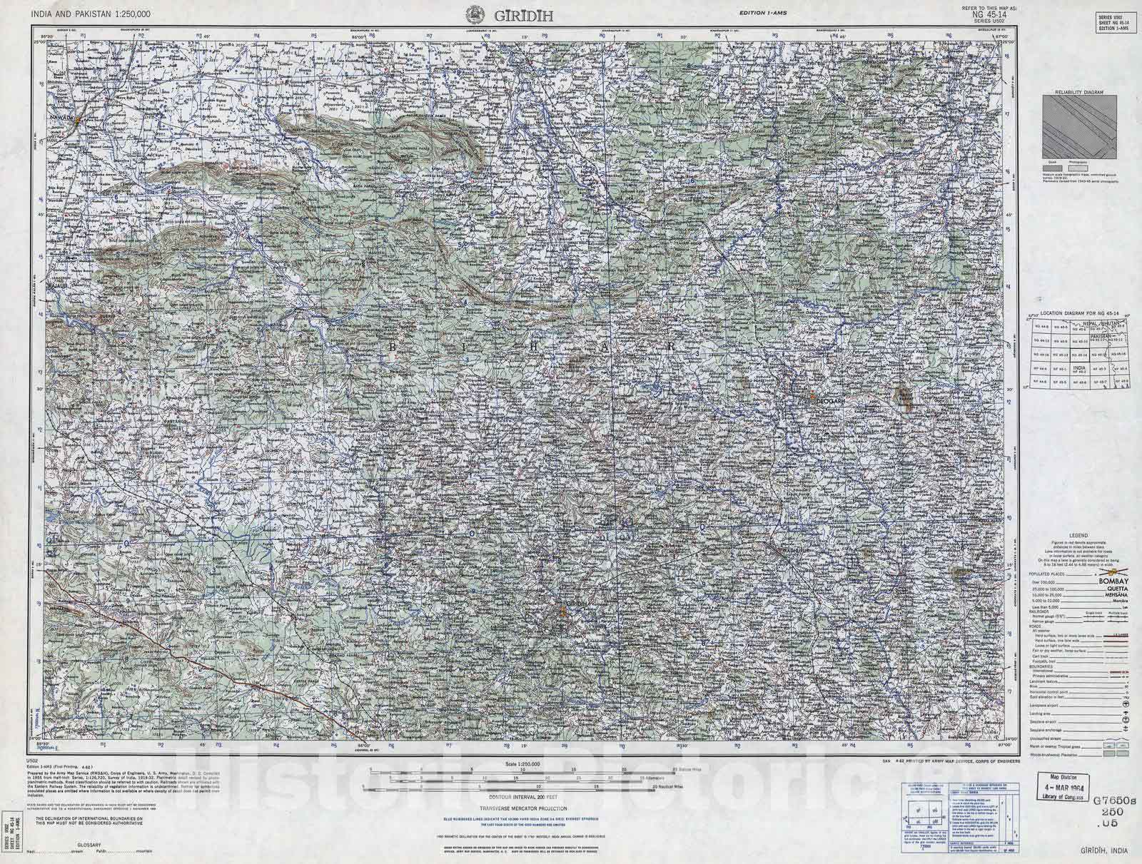 Historic 1955 Map - India and Pakistan 1:250,000. - Giridih, India, 1962