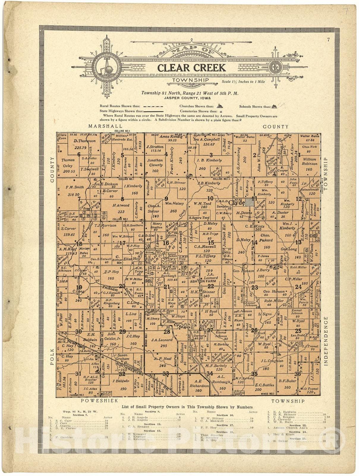 Historic 1914 Map - Atlas and plat Book of Jasper County, Iowa - Map of Clear Creek Township - Standard Atlas and Directory of Jasper County, Iowa