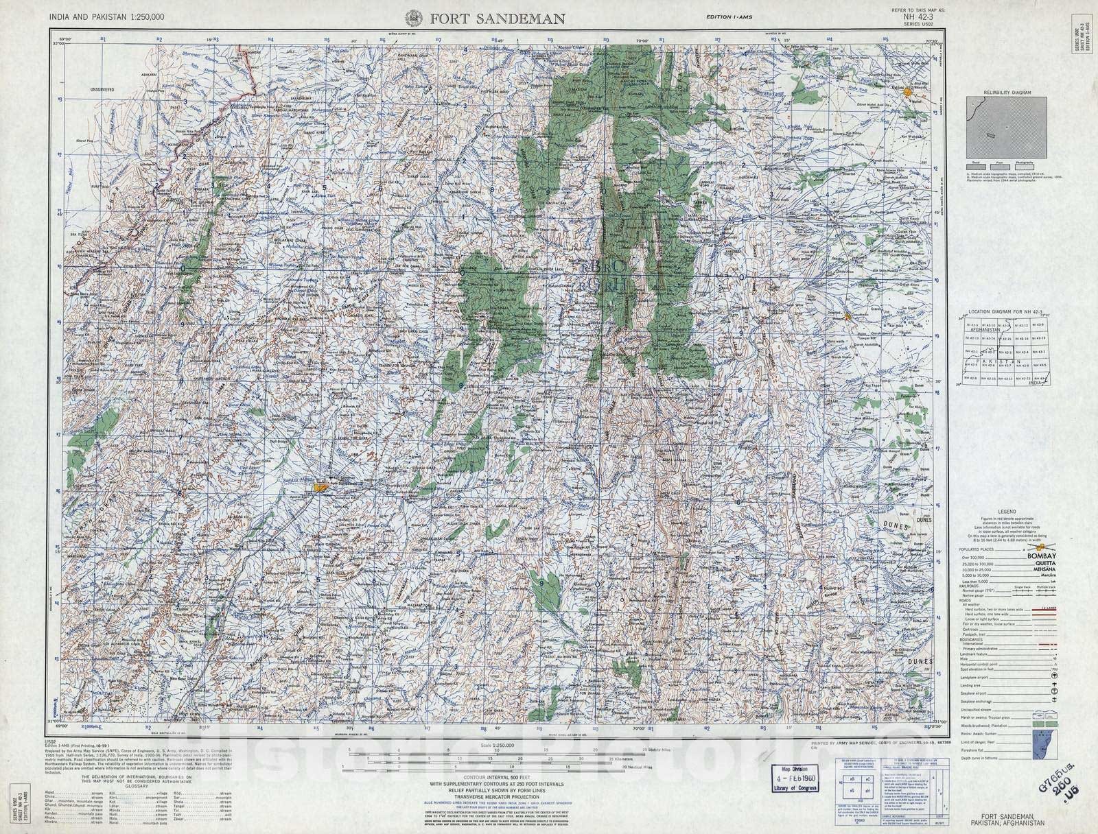Historic 1955 Map - India and Pakistan 1:250,000. - Fort Sandeman, Pakistan, Afghanistan 1959