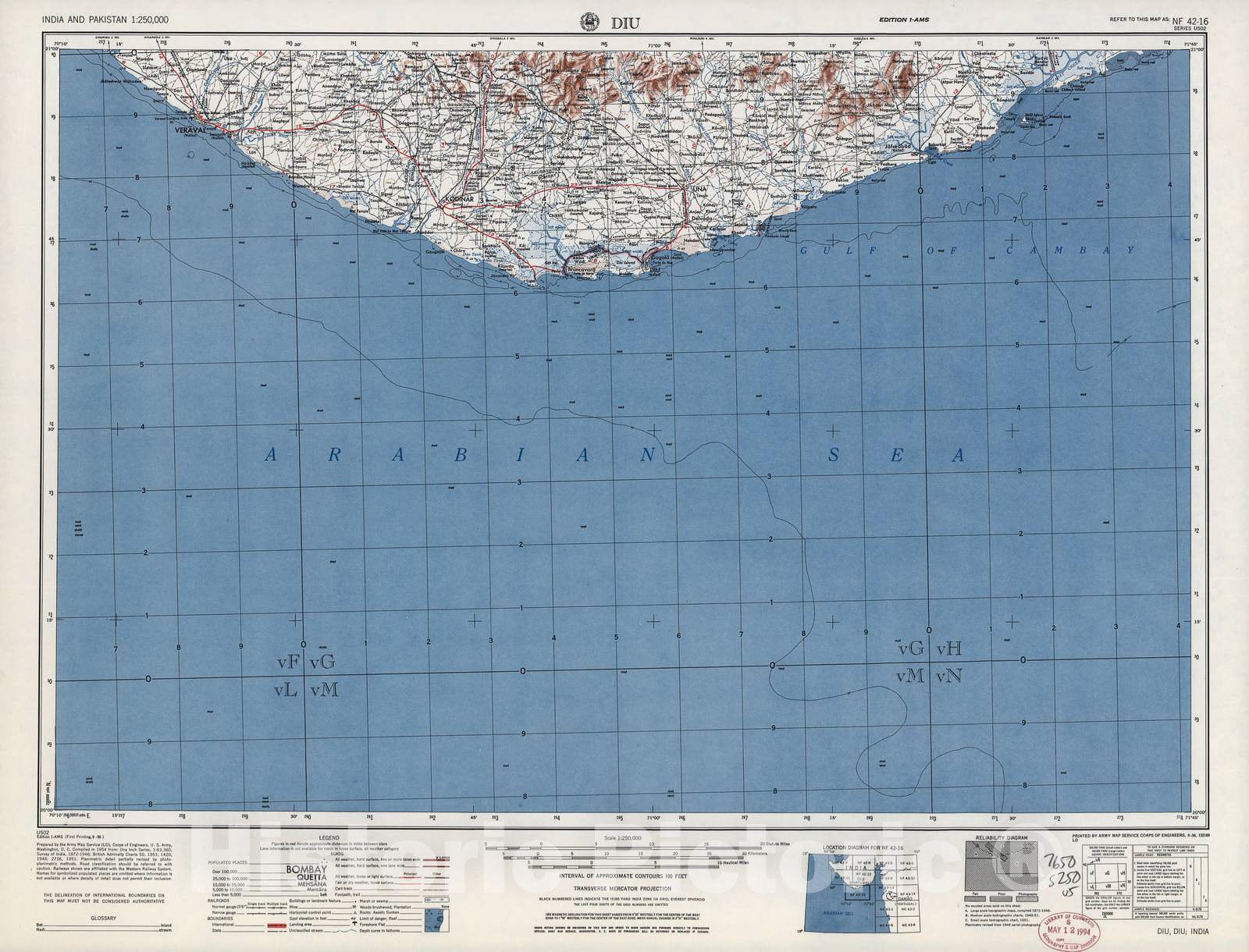 Historic 1955 Map - India and Pakistan 1:250,000. - Diu, 1956