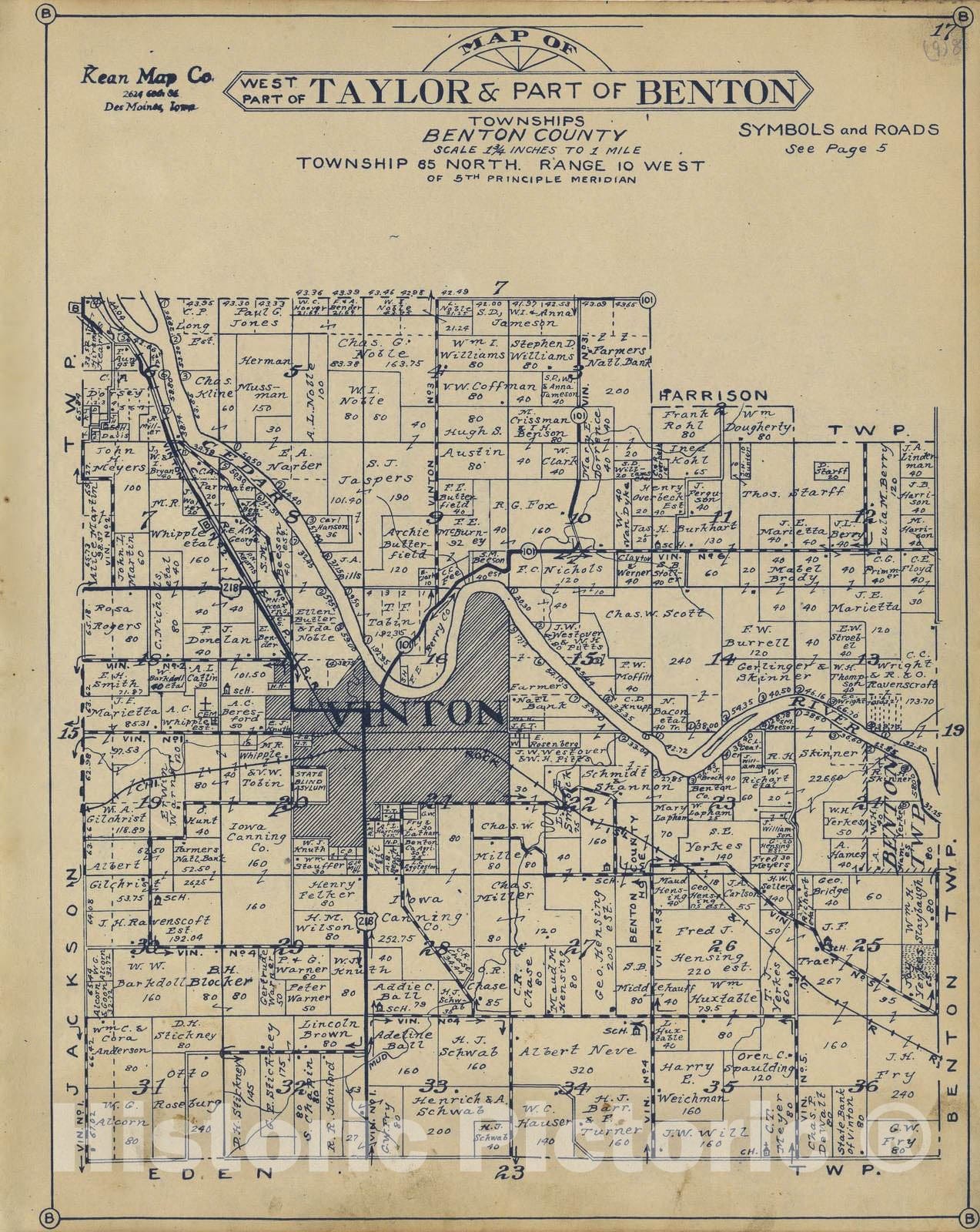 Historic 1930 Map - Atlas of Benton County, Iowa. - West Part of Taylor and Part of Benton Townships