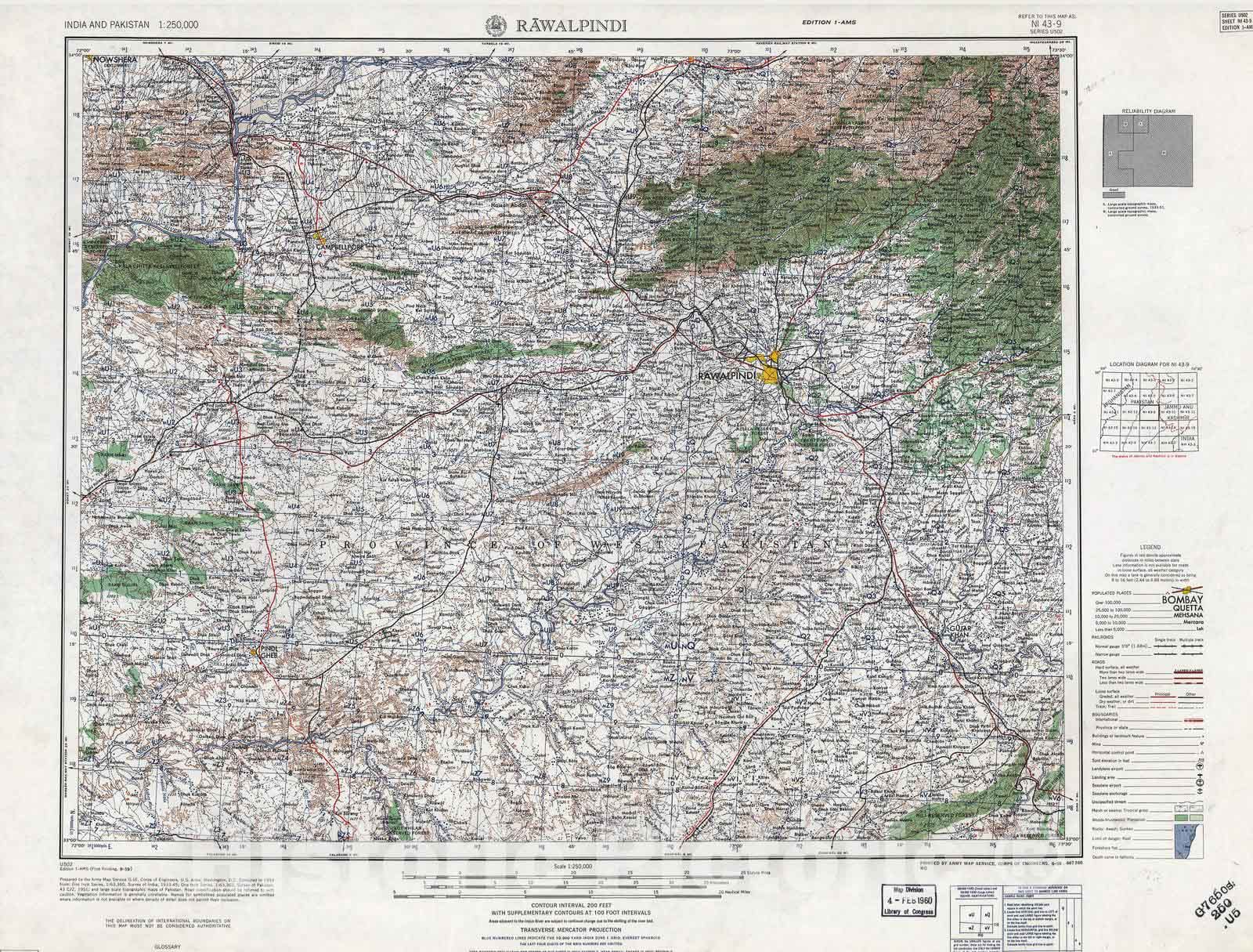 Historic 1955 Map - India and Pakistan 1:250,000. - Rawalpindi, Pakistan 1959
