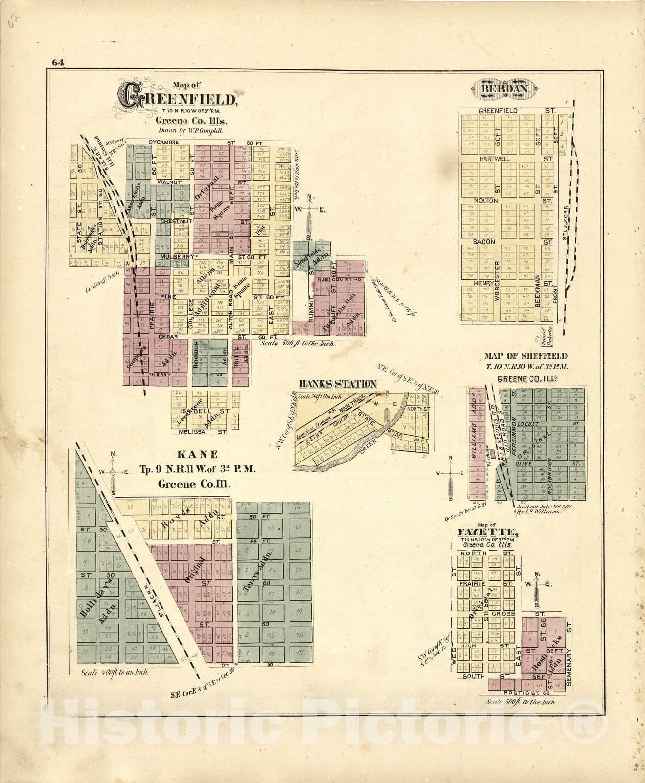 Historic 1873 Map - Atlas map of Greene County, Illinois - Map of Greenfield