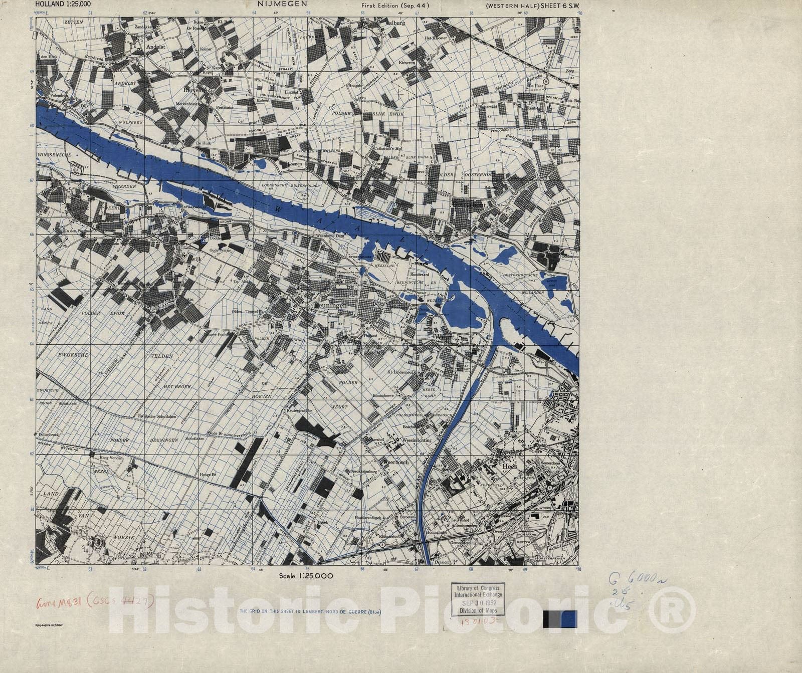 Historic 1943 Map - Holland 1:25,000 - Nijmegen, Holland, 1944 - A.M.S. M831