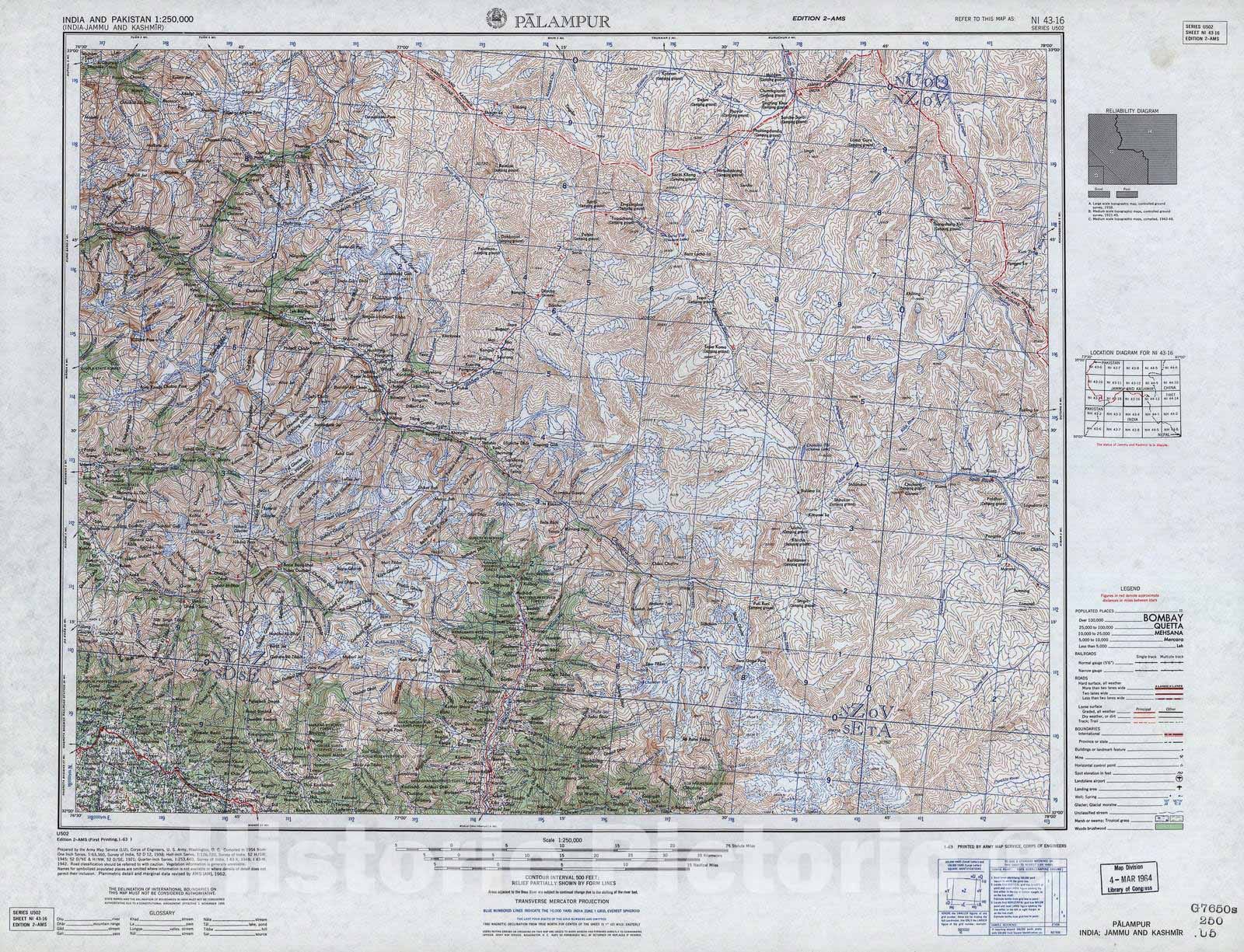 Historic 1955 Map - India and Pakistan 1:250,000. - Palampur, India, Jammu and Kashmir 1963