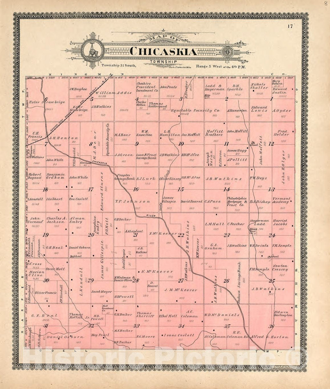 Historic 1902 Map - Standard Atlas of Harper County, Kansas : Including a plat Book of The Villages, Cities and townships of The County, map of The State - Map of Lawn Township