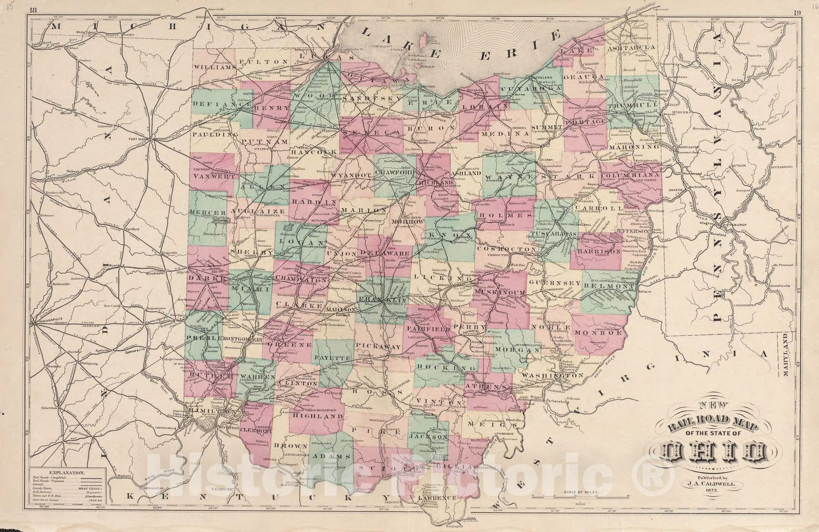 Historic 1875 Map - Caldwell's Atlas of Madison Co, Ohio - Railroad map of The State of Ohio - Caldwell's Atlas of Madison County, Ohio