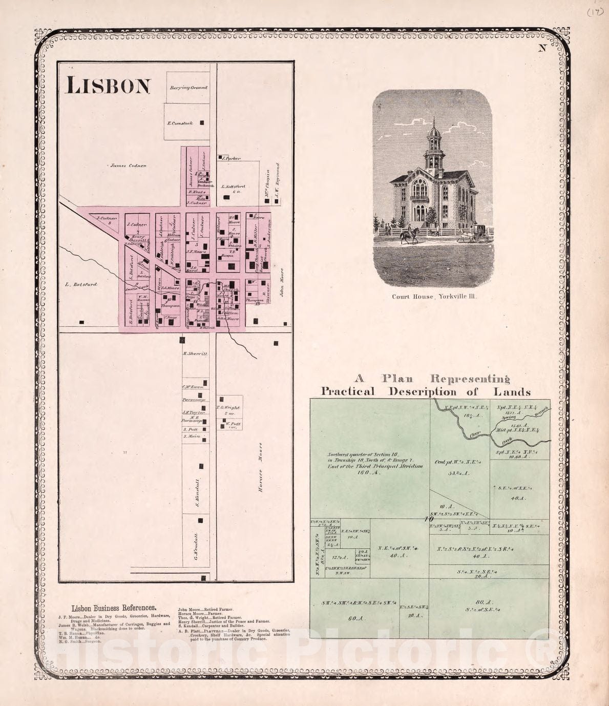 Historic 1870 Map - Atlas of Kendall Co. and The State of Illinois - Lisbon; View of Court House, Yorkville; Practical Description of Lands