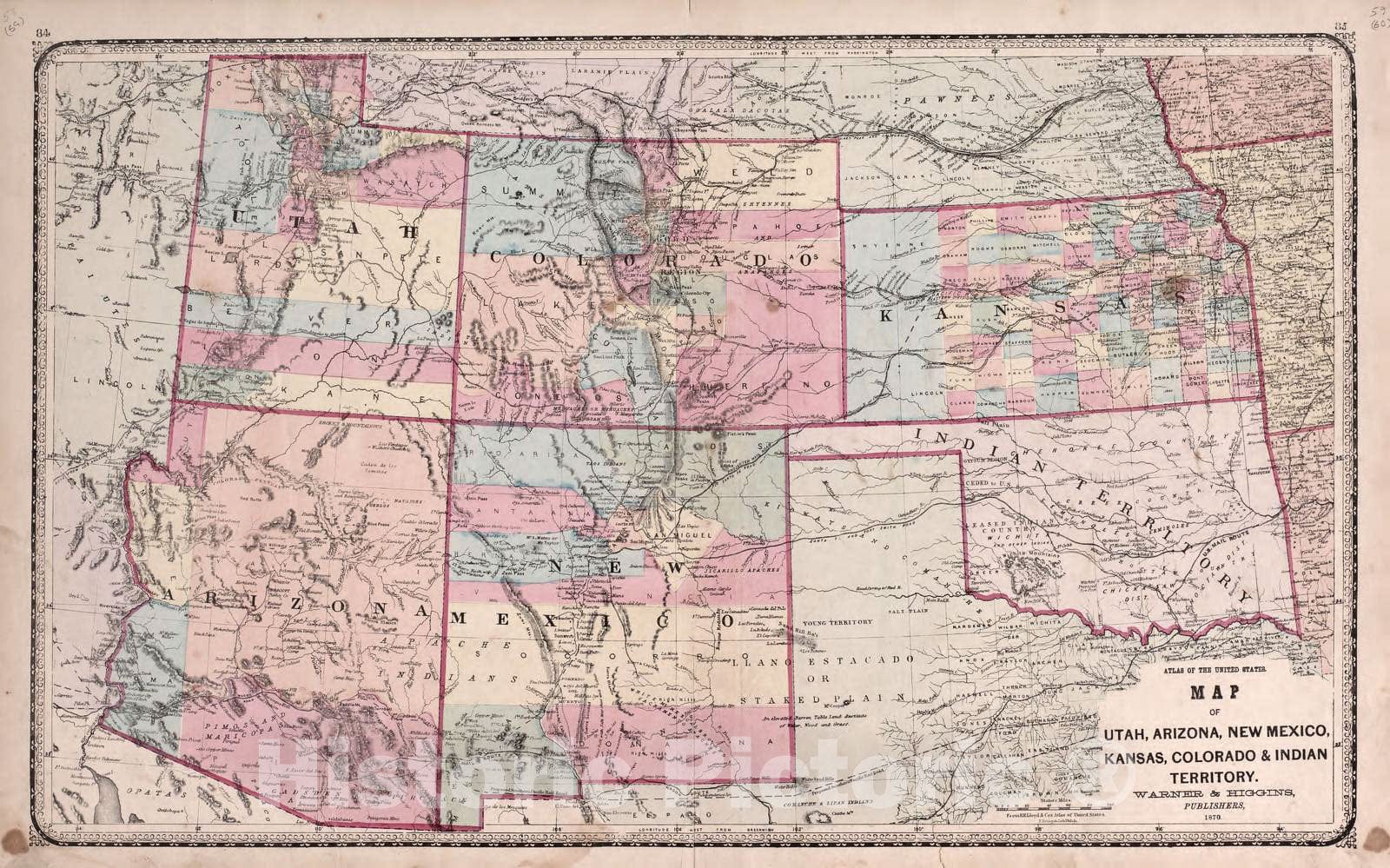 Historic 1870 Map - Atlas of Kendall Co. and The State of Illinois - Utah, Arizona, New Mexico, Kansas, Colorado & Indian Territory