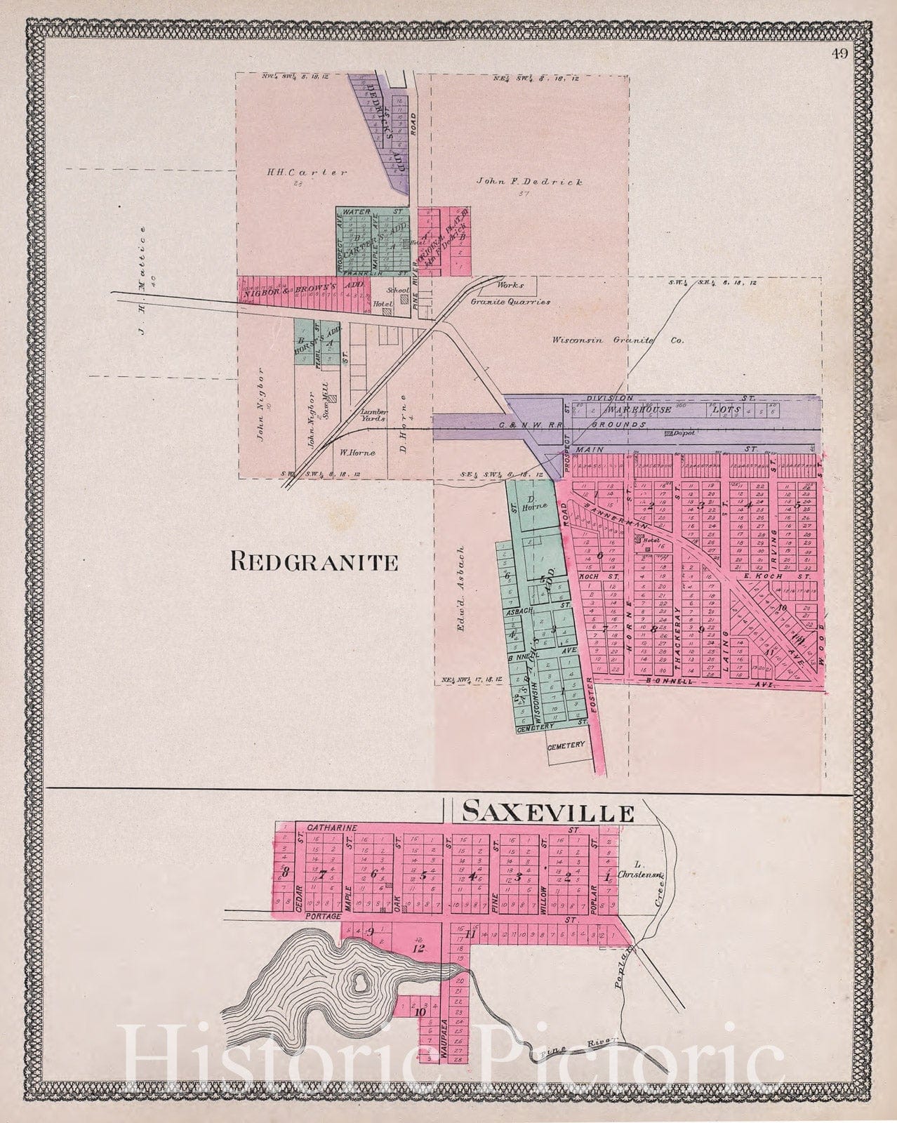 Historic 1906 Map - Atlas of Waushara County, Wisconsin - Redgranite & Saxeville