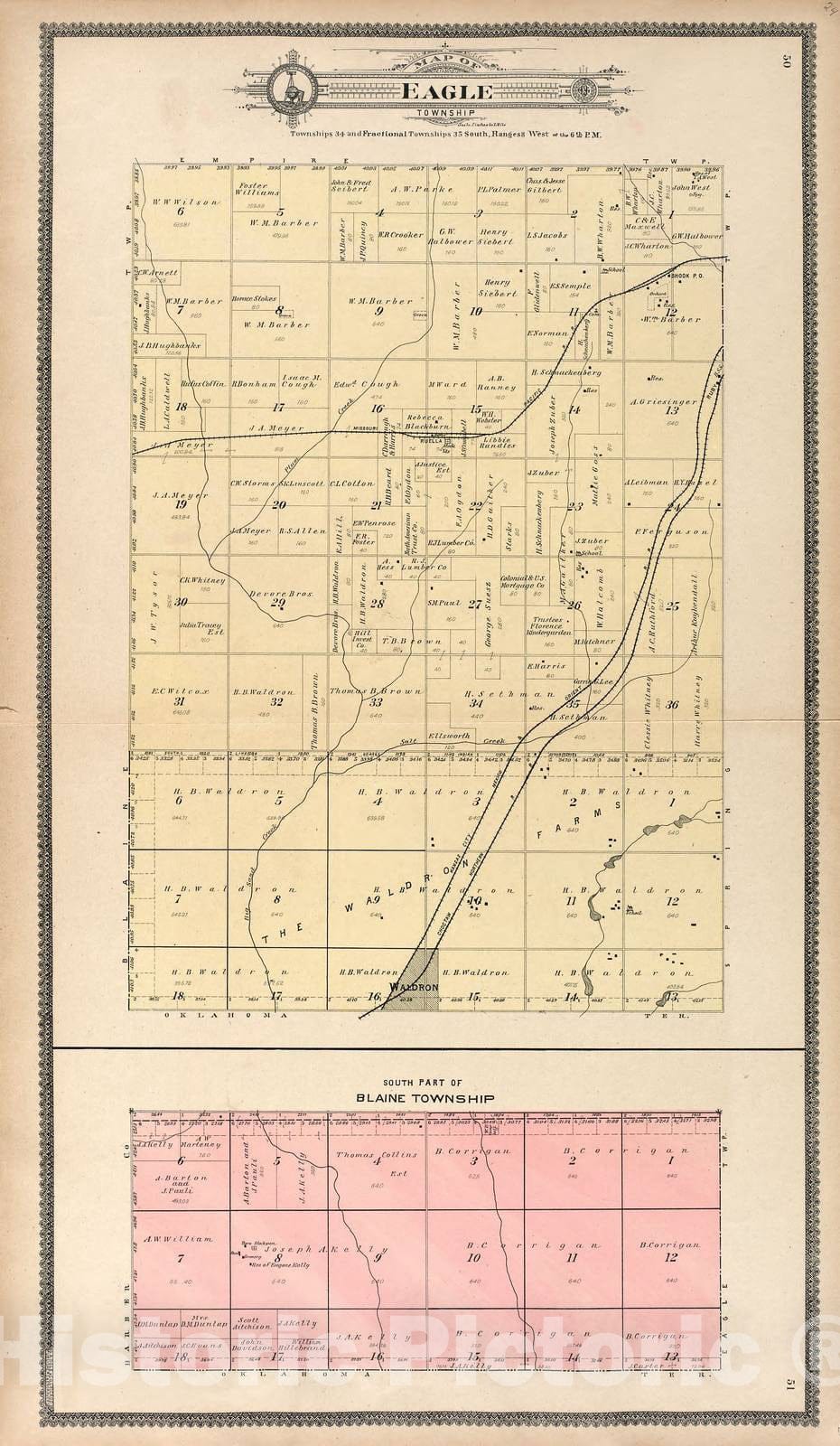 Historic 1902 Map - Standard Atlas of Harper County, Kansas - Map of Eagle Township; South East Part of Blaine Township
