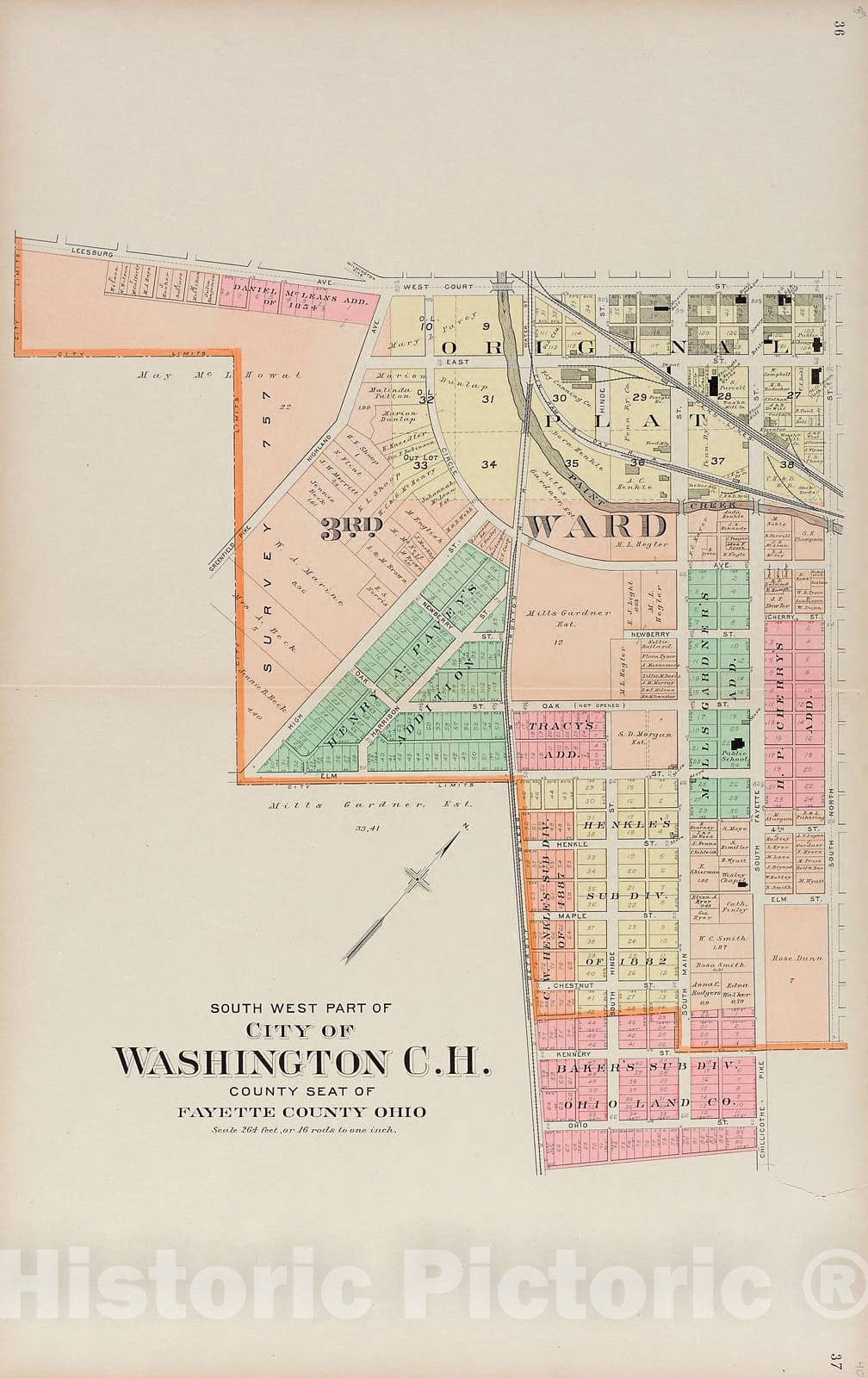 Historic 1913 Map - Plat Book of Fayette County, Ohio - South West Part of City of Washinton C.H, County Seat of Fayette County, Ohio