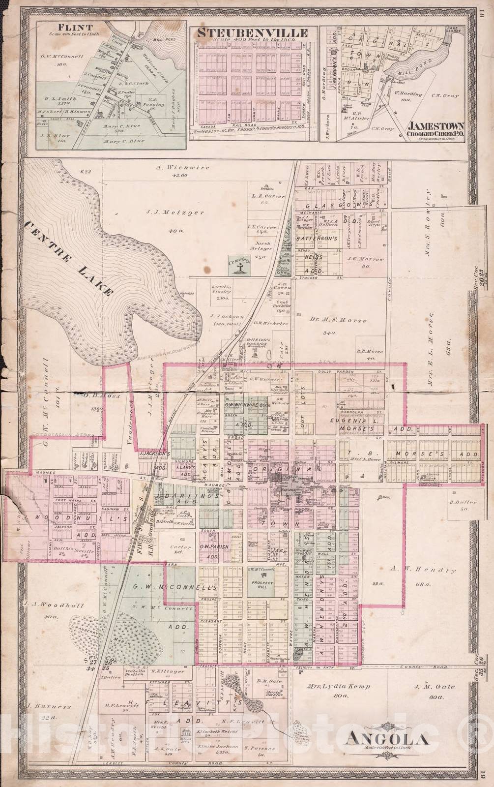 Historic 1880 Map - Atlas of Steuben Co, Indiana - Flint, Steubenville, Jamestown, Angola - Illustrated Historical Atlas of Steuben County, Indiana