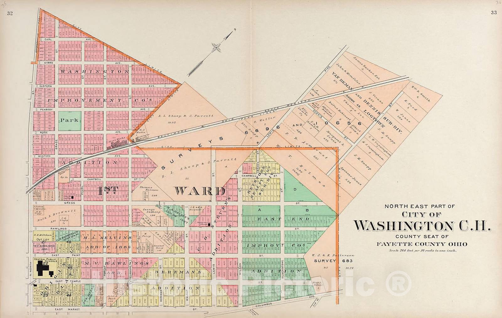 Historic 1913 Map - Plat Book of Fayette County, Ohio - North East Part of City of Washington C.H.