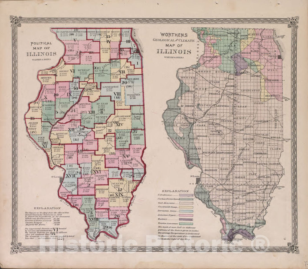 Historic 1870 Map - Atlas of Marshall Co. and The State of Illinois - Political map of Illinois - Atlas of Marshall County and The State of Illinois